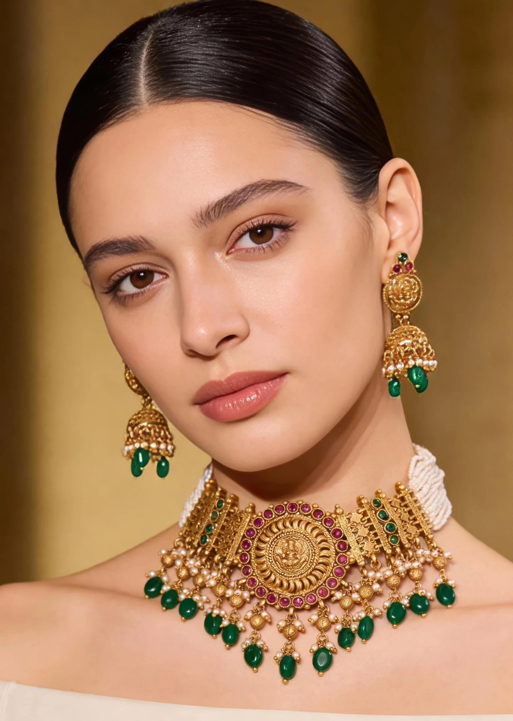 8437-gold-toned-necklace-set-with-traditional-temple-motifs-and-green-white-and-pink-simulated-stones-1.webp Gold Toned Necklace Set With Traditional Temple Motifs And Green White and Pink Simulated Stones