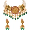 8437-gold-toned-necklace-set-with-traditional-temple-motifs-and-green-white-and-pink-simulated-stones-2.webp Gold Toned Necklace Set With Traditional Temple Motifs And Green White and Pink Simulated Stones