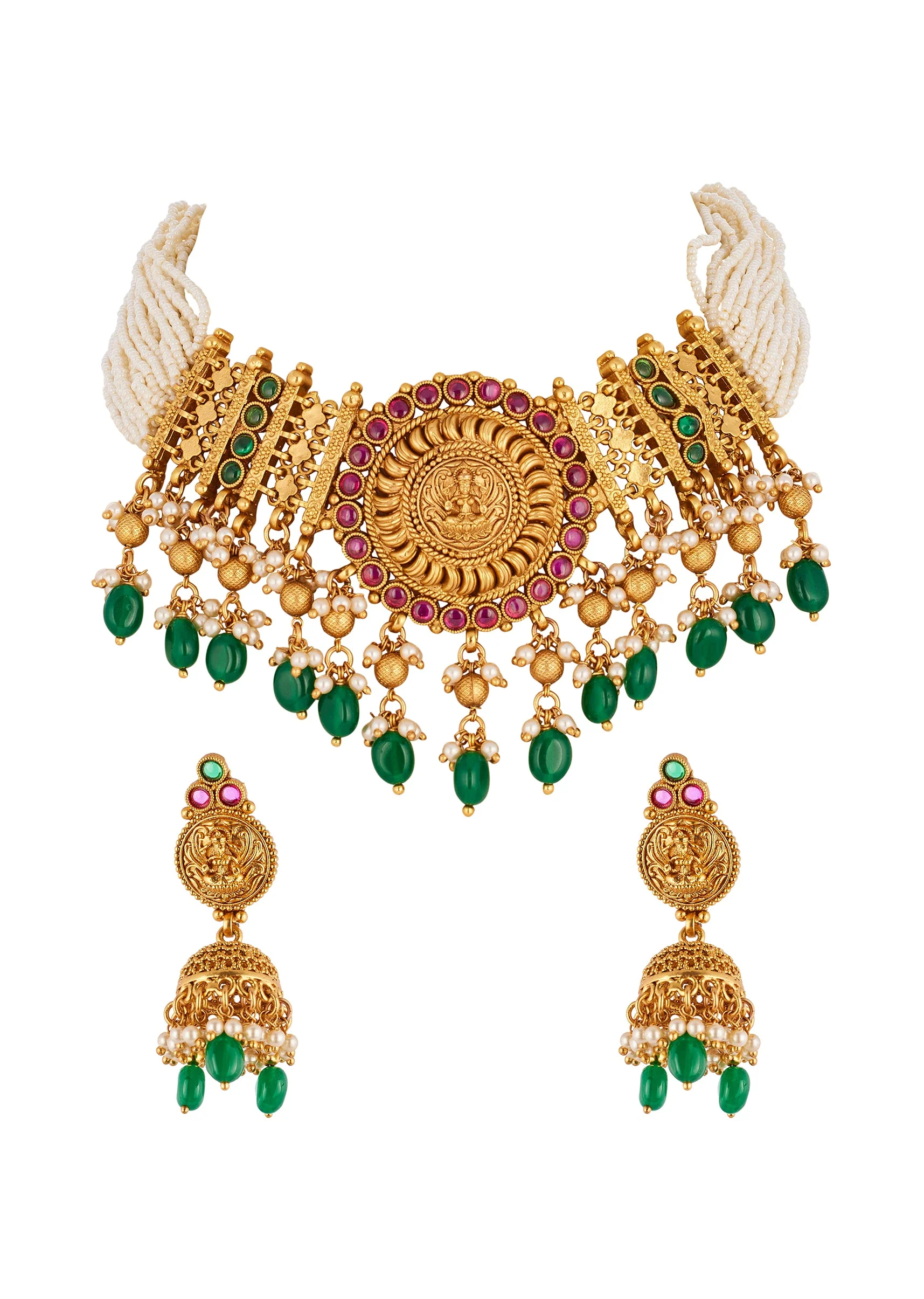 8437-gold-toned-necklace-set-with-traditional-temple-motifs-and-green-white-and-pink-simulated-stones-2.webp Gold Toned Necklace Set With Traditional Temple Motifs And Green White and Pink Simulated Stones