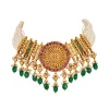 8437-gold-toned-necklace-set-with-traditional-temple-motifs-and-green-white-and-pink-simulated-stones-3.webp Gold Toned Necklace Set With Traditional Temple Motifs And Green White and Pink Simulated Stones