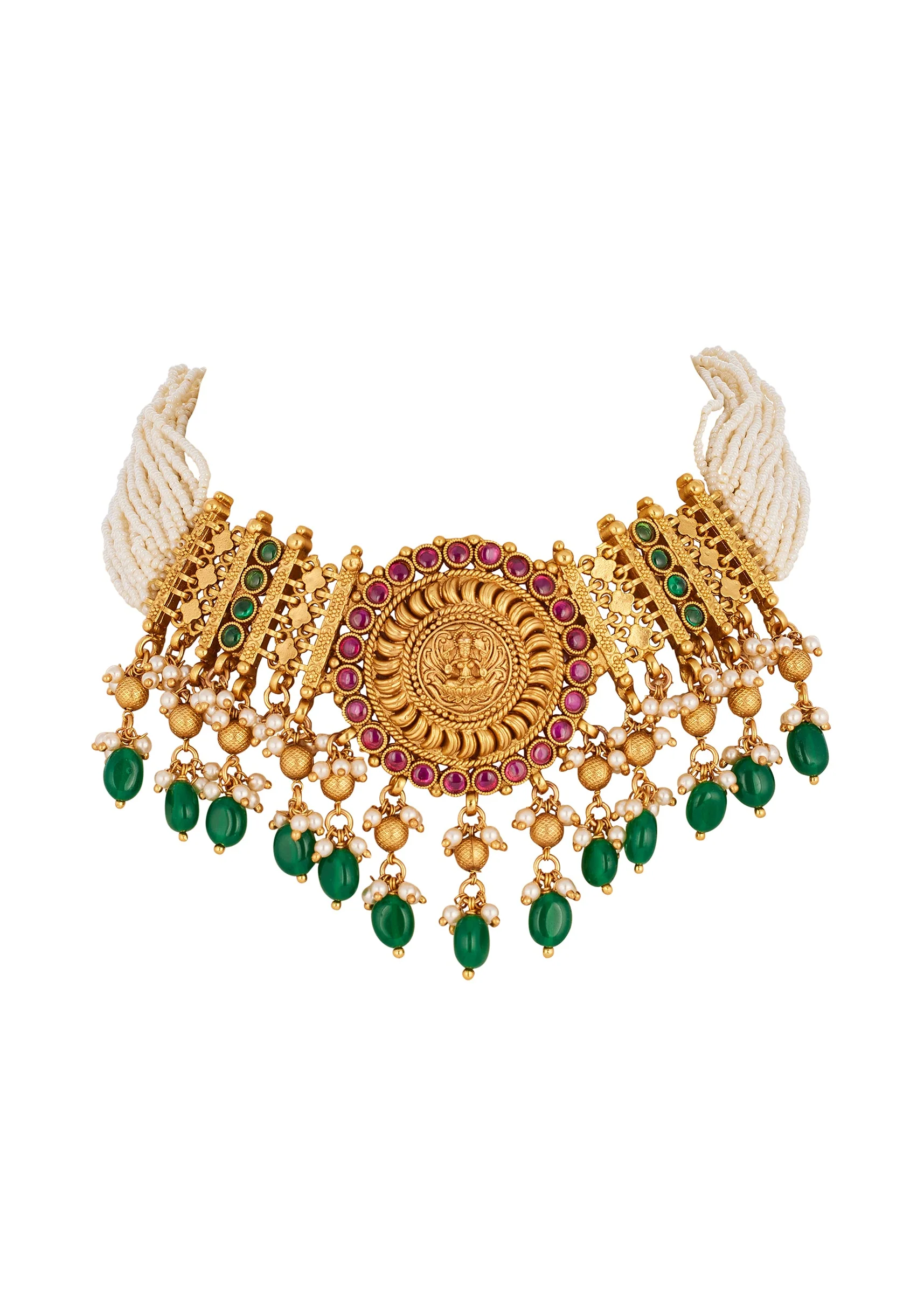 8437-gold-toned-necklace-set-with-traditional-temple-motifs-and-green-white-and-pink-simulated-stones-3.webp Gold Toned Necklace Set With Traditional Temple Motifs And Green White and Pink Simulated Stones