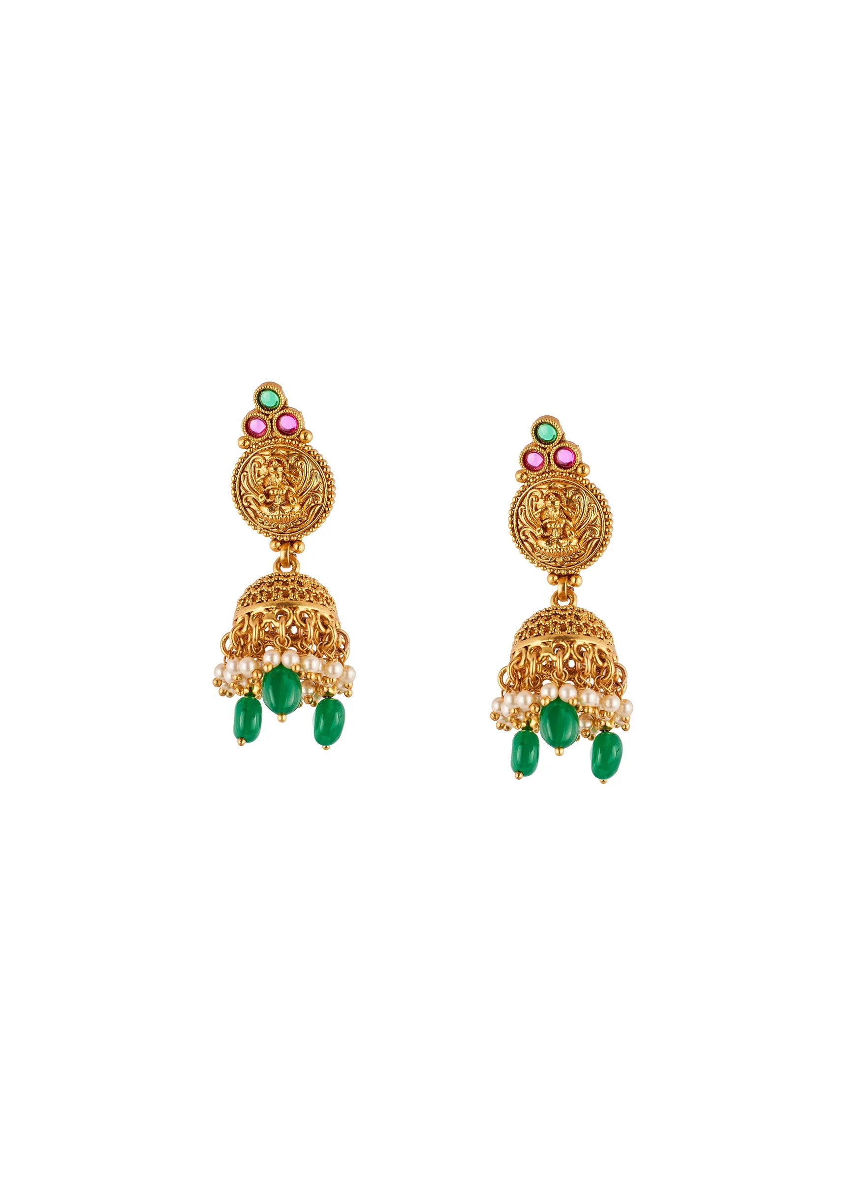 8437-gold-toned-necklace-set-with-traditional-temple-motifs-and-green-white-and-pink-simulated-stones-4.webp Gold Toned Necklace Set With Traditional Temple Motifs And Green White and Pink Simulated Stones