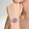 Silver Finish Bracelet In Mix Metal With Elegant Floral Style And Rani Pink Simulated Rubies And Cubic Zirconia Accents