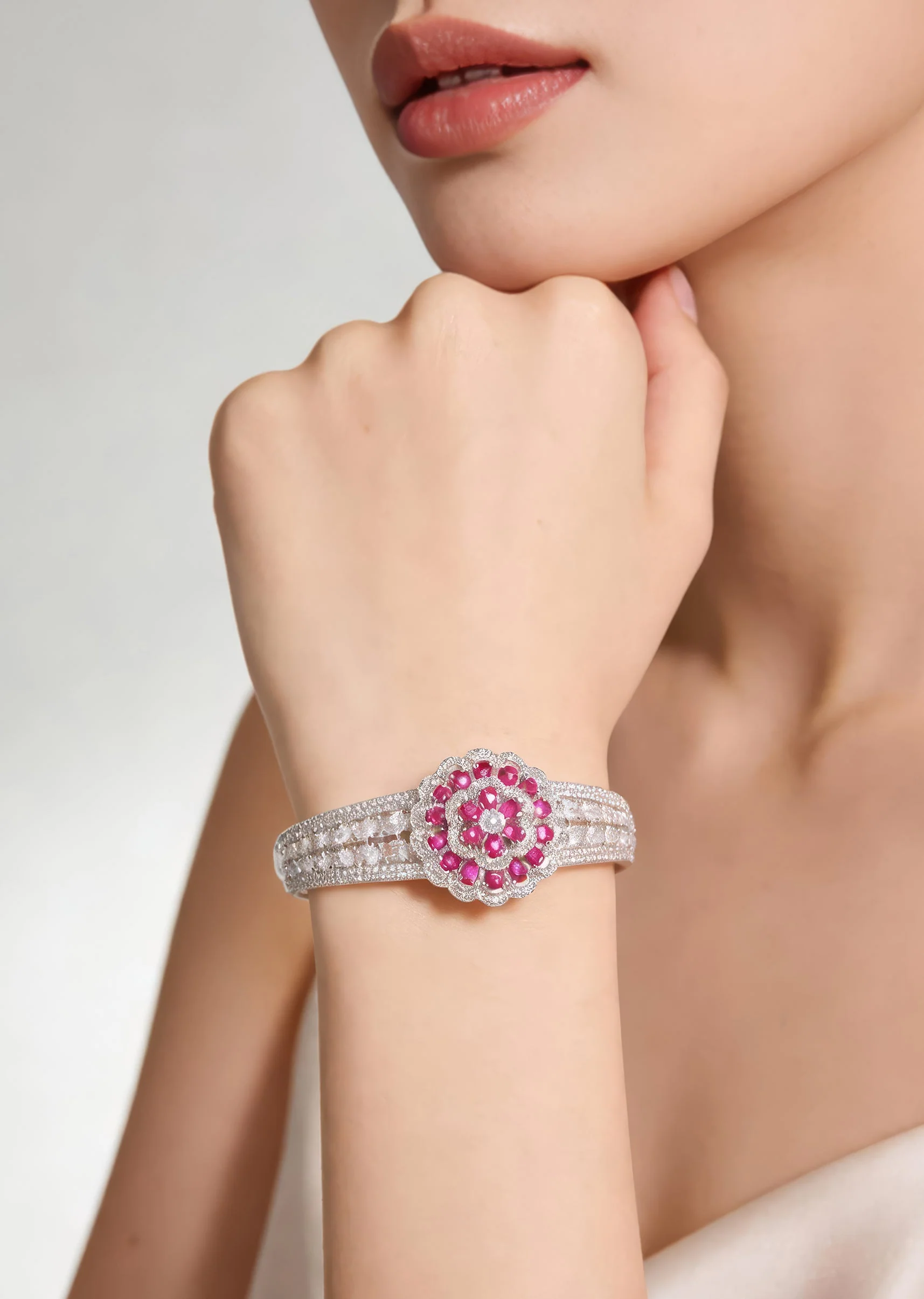 Silver Finish Bracelet In Mix Metal With Elegant Floral Style And Rani Pink Simulated Rubies And Cubic Zirconia Accents