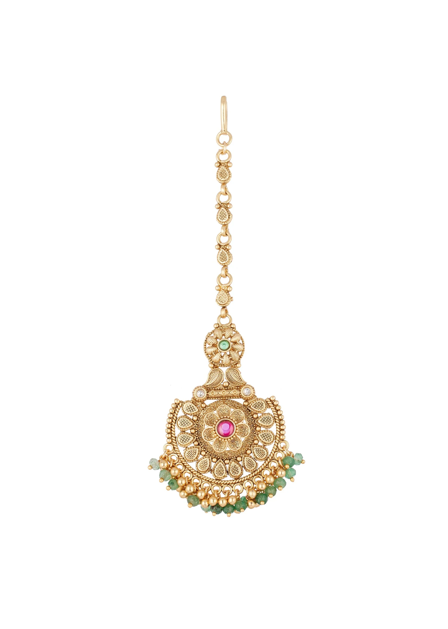 Gold Finish Maangtikka In Mix Metal With Traditional Style And Pink And Green Simulated Stones