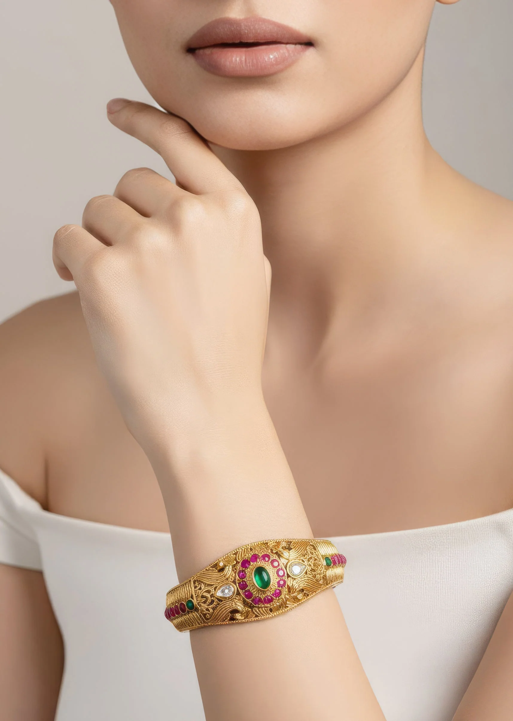 8441-gold-finish-bangle-with-traditional-temple-motifs-and-green-and-pink-simulated-stones-with-zirconia-accents-1.webp Gold Finish Bangle With Traditional Temple Motifs And Green and Pink Simulated Stones With Zirconia Accents