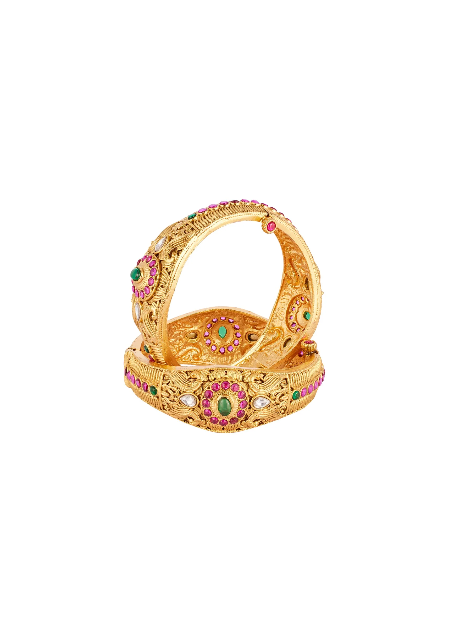 8441-gold-finish-bangle-with-traditional-temple-motifs-and-green-and-pink-simulated-stones-with-zirconia-accents-2.webp Gold Finish Bangle With Traditional Temple Motifs And Green and Pink Simulated Stones With Zirconia Accents