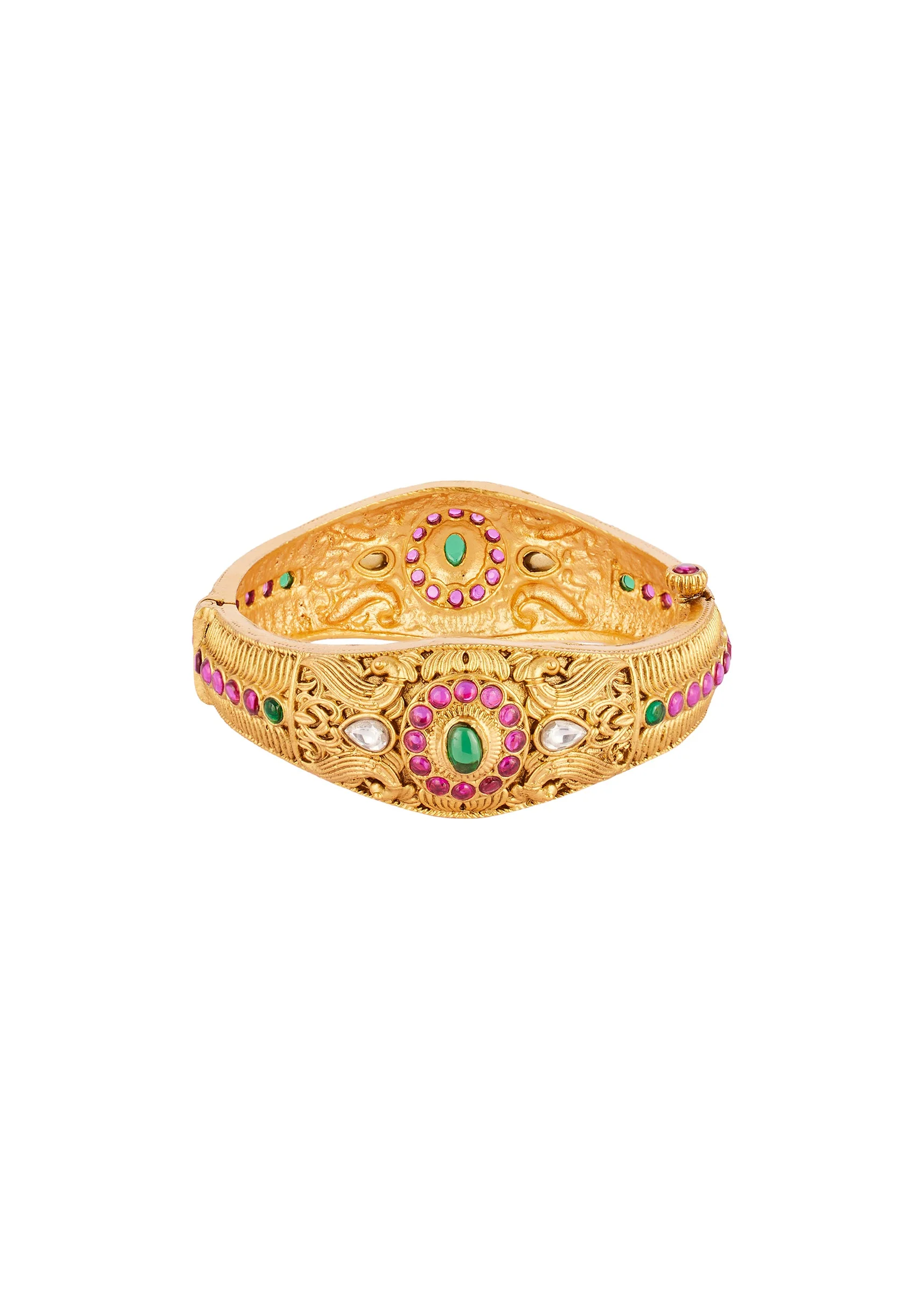 8441-gold-finish-bangle-with-traditional-temple-motifs-and-green-and-pink-simulated-stones-with-zirconia-accents-3.webp Gold Finish Bangle With Traditional Temple Motifs And Green and Pink Simulated Stones With Zirconia Accents