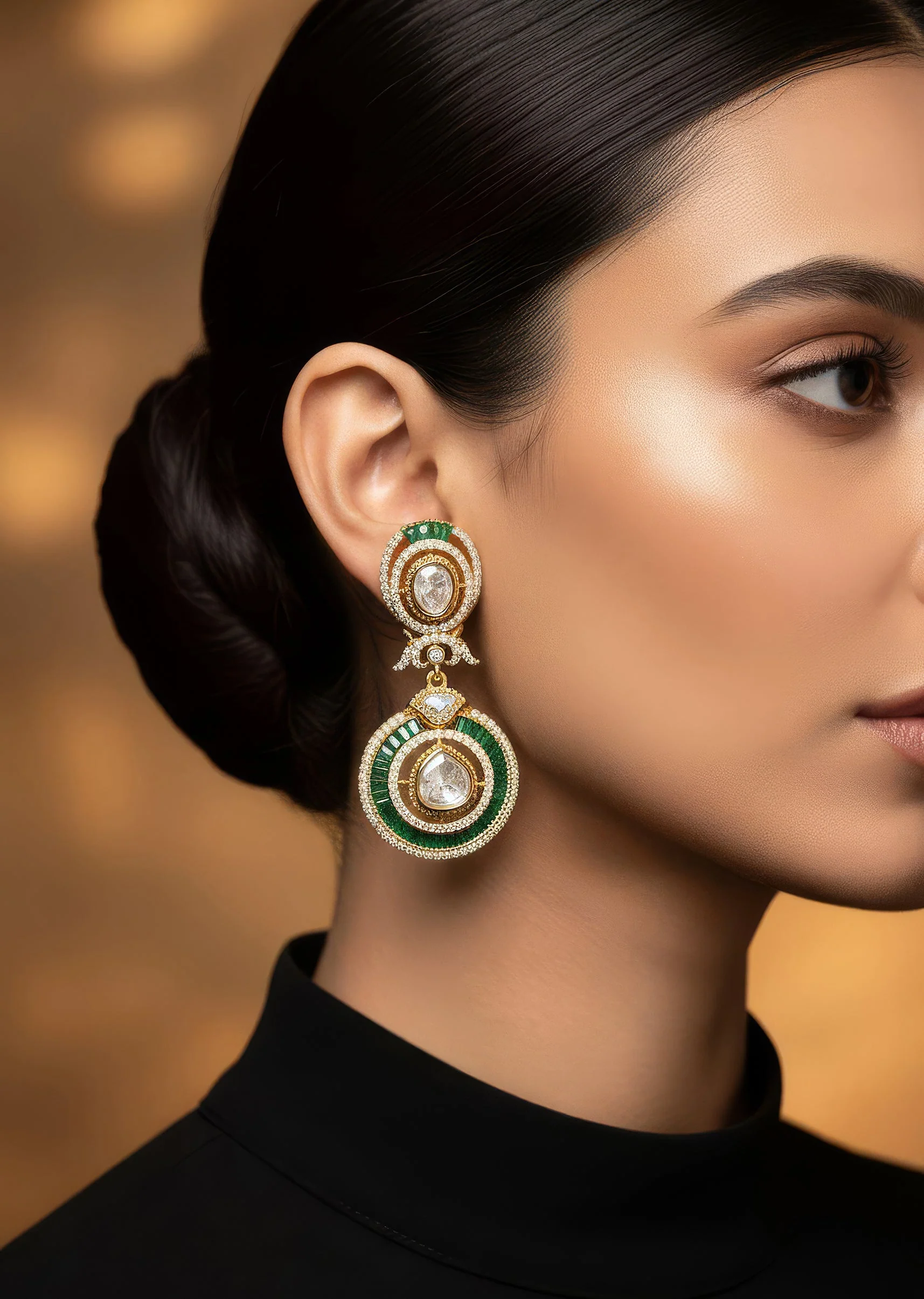 8442-gold-finish-dual-circular-earrings-with-green-baguette-cut-stone-borders-and-clear-polki-style-centers-1.webp Gold Finish Dual Circular Earrings With Green Baguette Cut Stone Borders And Clear Polki Style Centers