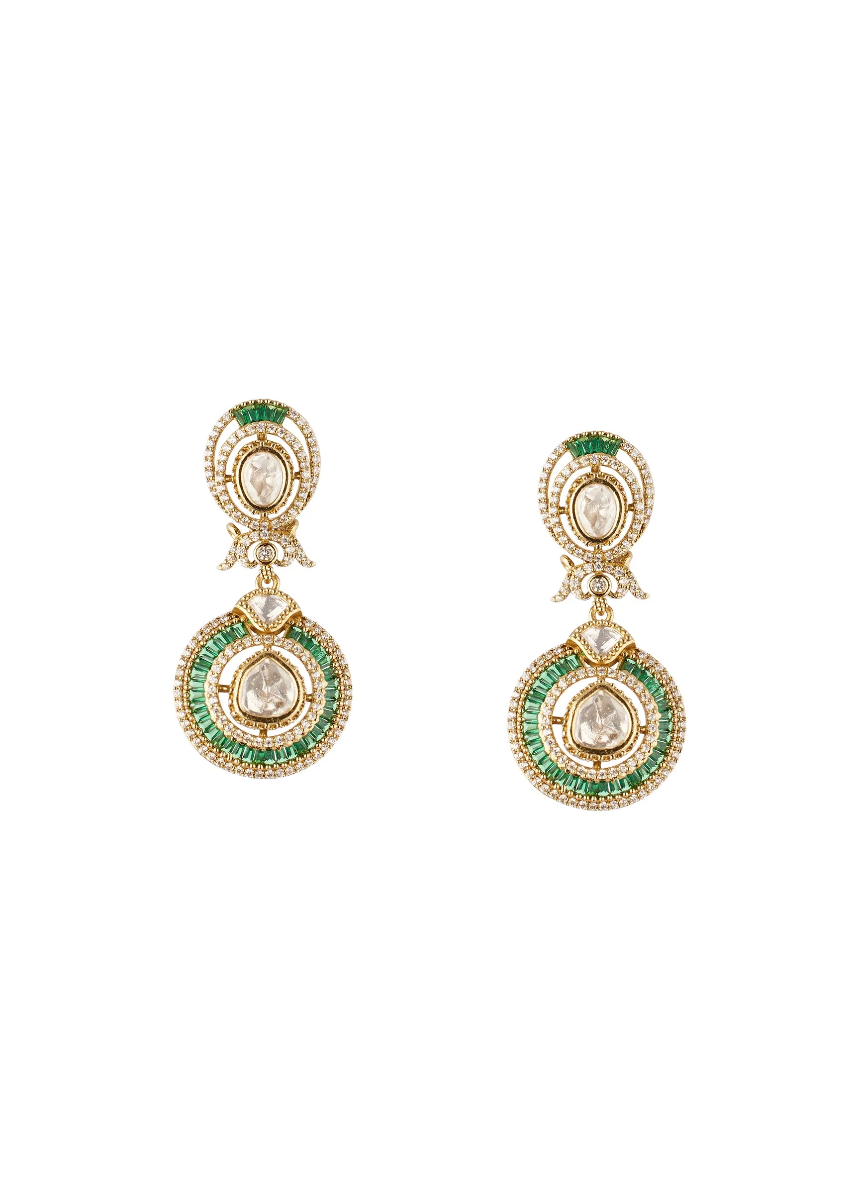 8442-gold-finish-dual-circular-earrings-with-green-baguette-cut-stone-borders-and-clear-polki-style-centers-2.webp Gold Finish Dual Circular Earrings With Green Baguette Cut Stone Borders And Clear Polki Style Centers