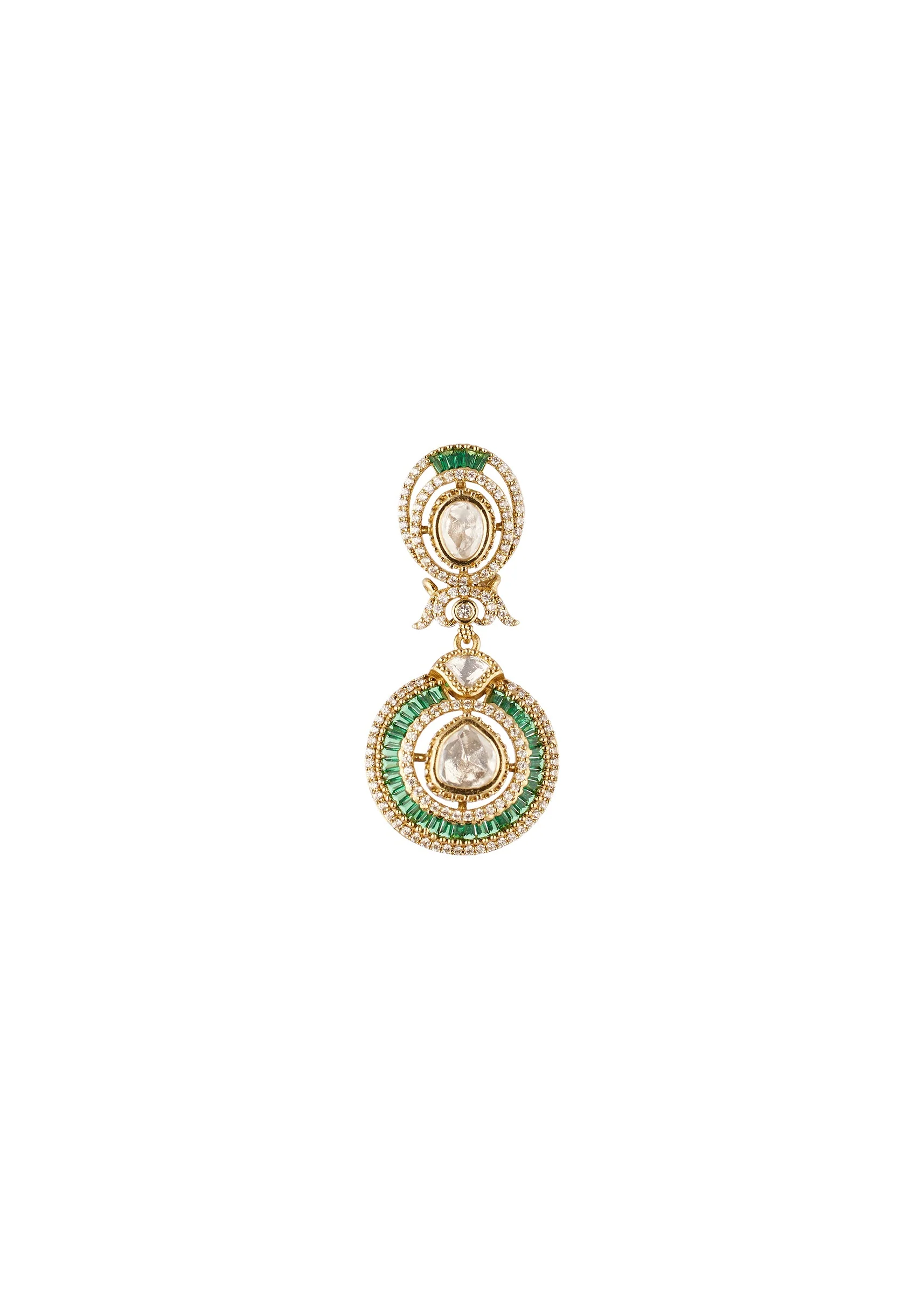 8442-gold-finish-dual-circular-earrings-with-green-baguette-cut-stone-borders-and-clear-polki-style-centers-3.webp Gold Finish Dual Circular Earrings With Green Baguette Cut Stone Borders And Clear Polki Style Centers