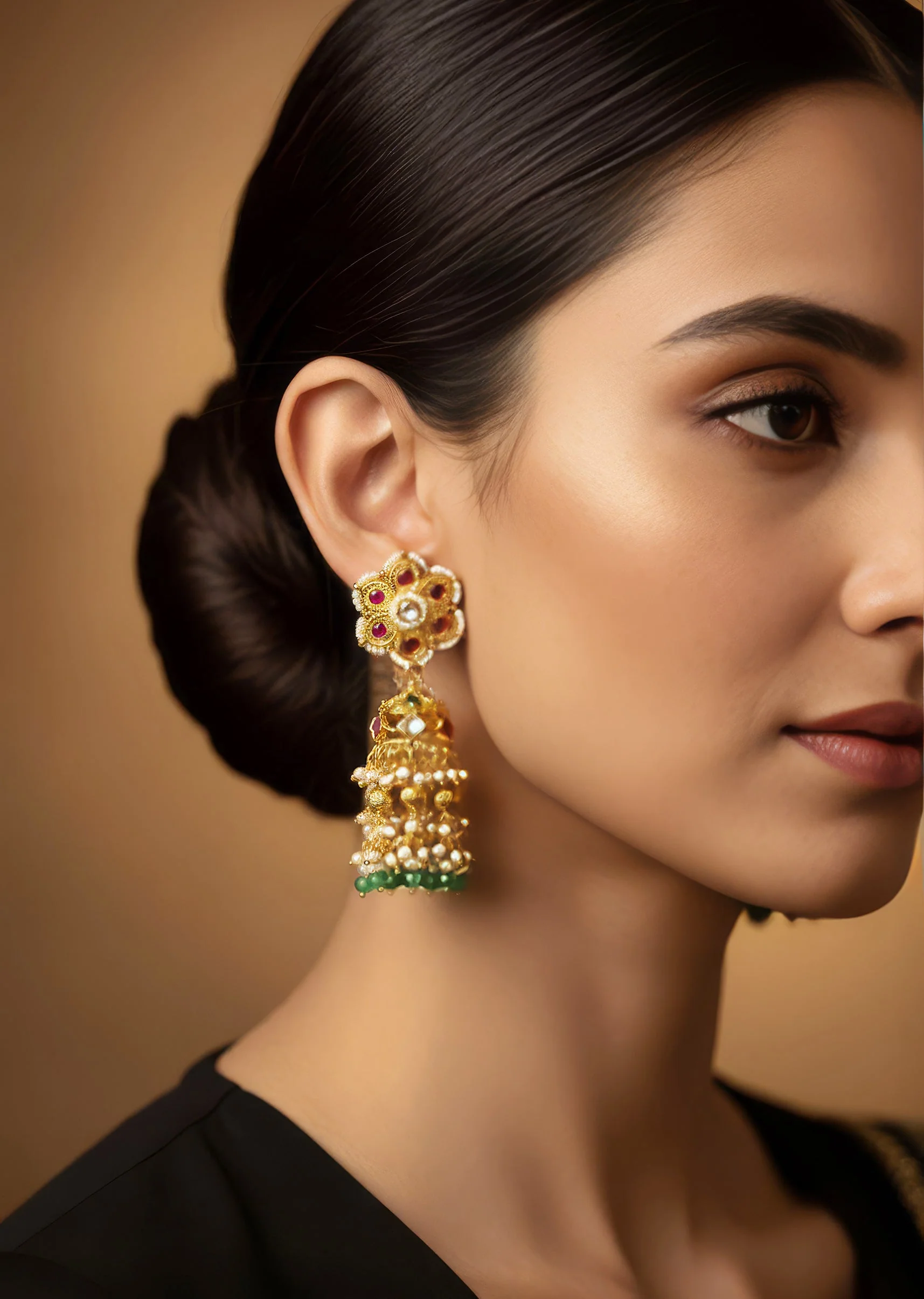 8443-gold-finish-jhumka-earrings-in-mix-metal-with-floral-stud-and-green-and-white-bead-tassels-1.webp Gold Finish Jhumka Earrings In Mix Metal With Floral Stud And Green and White Bead Tassels