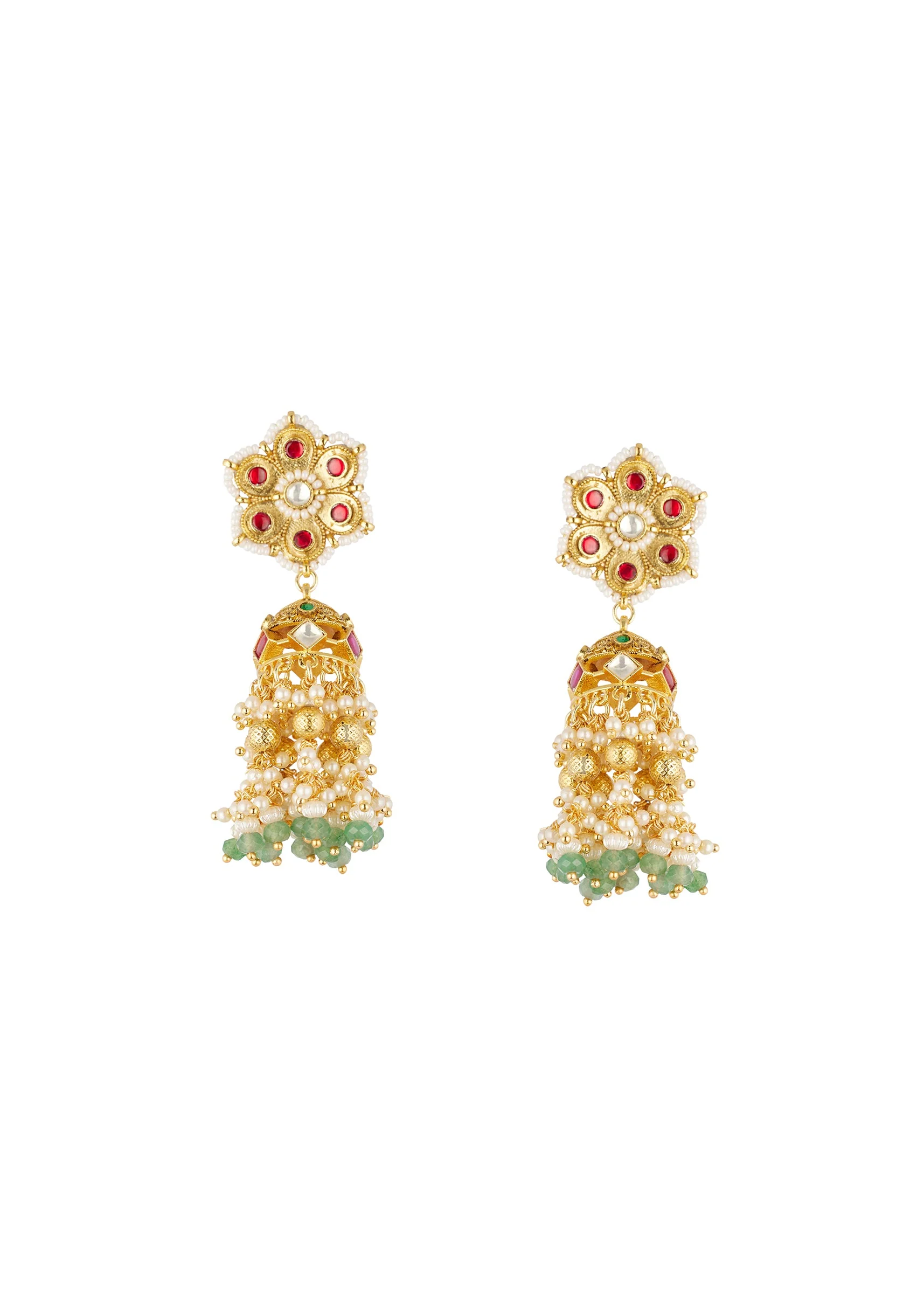 8443-gold-finish-jhumka-earrings-in-mix-metal-with-floral-stud-and-green-and-white-bead-tassels-2.webp Gold Finish Jhumka Earrings In Mix Metal With Floral Stud And Green and White Bead Tassels