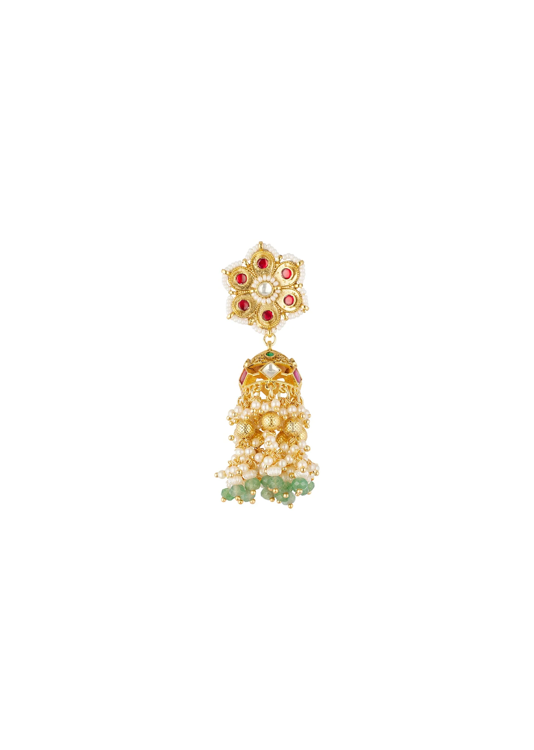 8443-gold-finish-jhumka-earrings-in-mix-metal-with-floral-stud-and-green-and-white-bead-tassels-3.webp Gold Finish Jhumka Earrings In Mix Metal With Floral Stud And Green and White Bead Tassels
