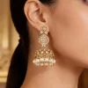 8444-gold-finish-jhumkas-in-polki-with-off-white-simulated-pearls-and-clear-polki-style-stones-1.webp Gold Finish Jhumkas In Polki With Off White Simulated Pearls and Clear Polki Style Stones