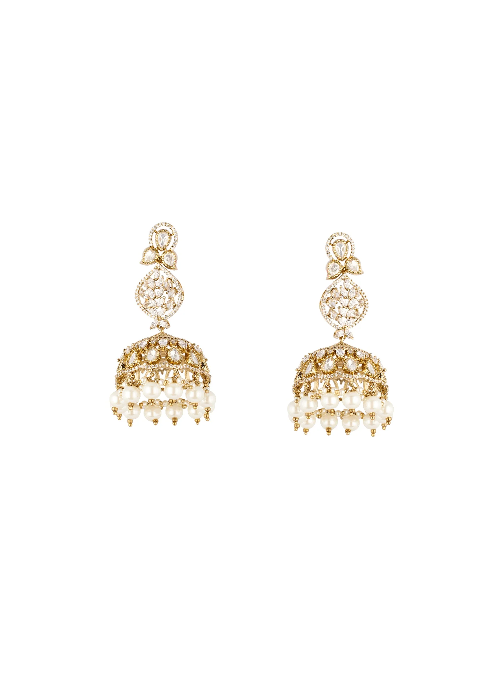 8444-gold-finish-jhumkas-in-polki-with-off-white-simulated-pearls-and-clear-polki-style-stones-2.webp Gold Finish Jhumkas In Polki With Off White Simulated Pearls and Clear Polki Style Stones