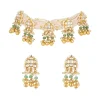 Gold Finish Choker Necklace Set In Mix Metal With Traditional Style And Multi Strand Faux Pearls And Kundan Style Simulated Green And White Stones