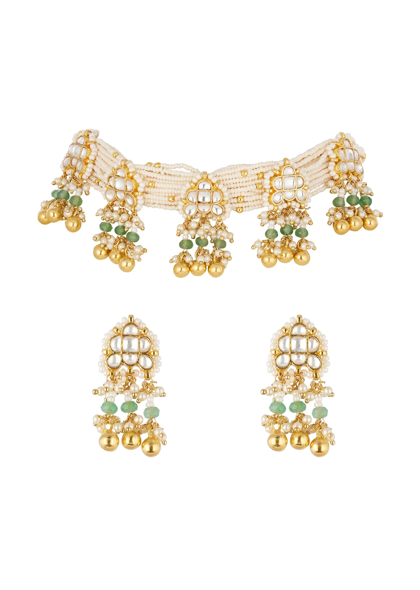 Gold Finish Choker Necklace Set In Mix Metal With Traditional Style And Multi Strand Faux Pearls And Kundan Style Simulated Green And White Stones