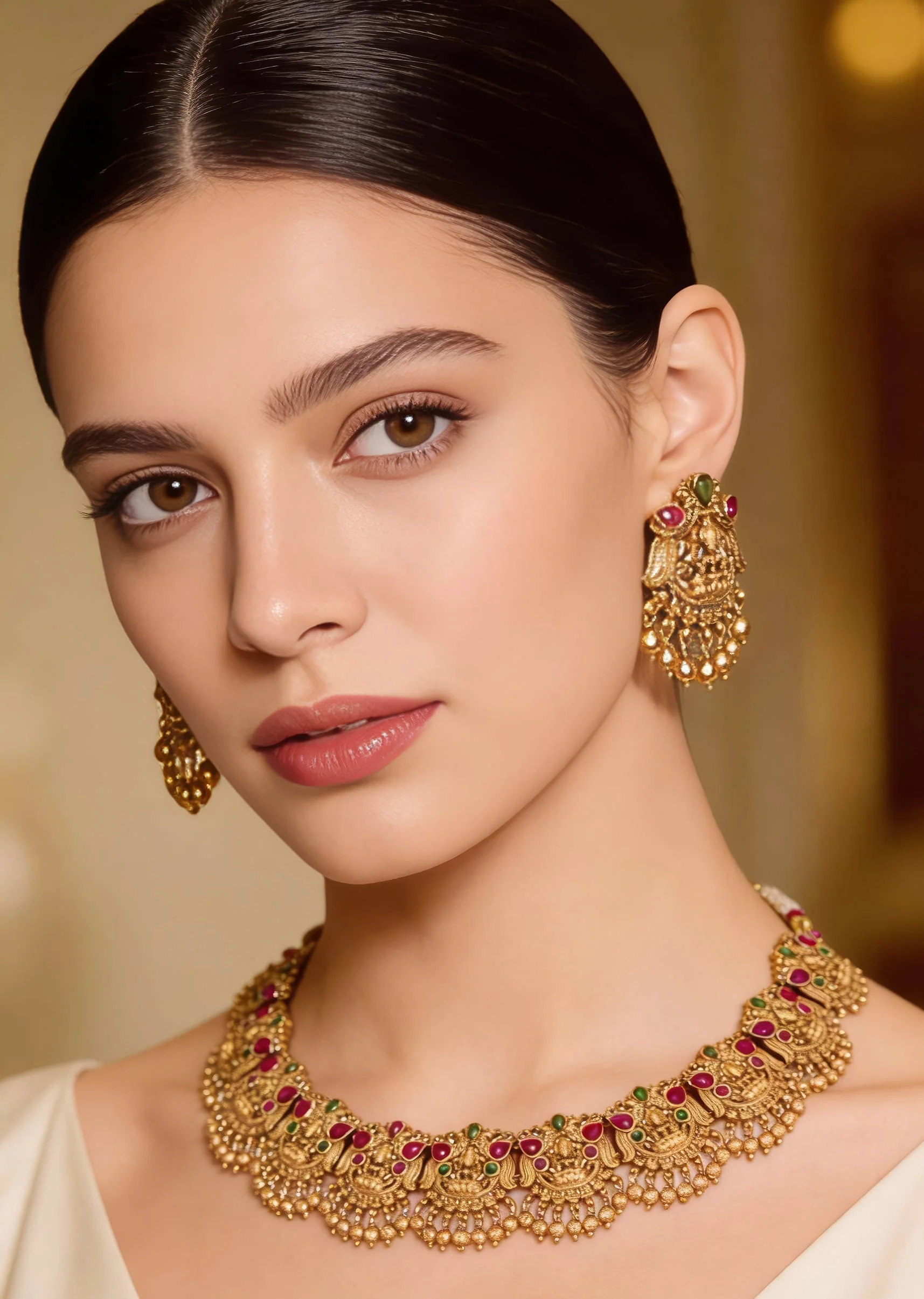 Gold Finish Necklace Set With Temple Style Motifs And Green and Pink Accented Stones