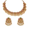 Gold Finish Necklace Set With Temple Style Motifs And Green and Pink Accented Stones