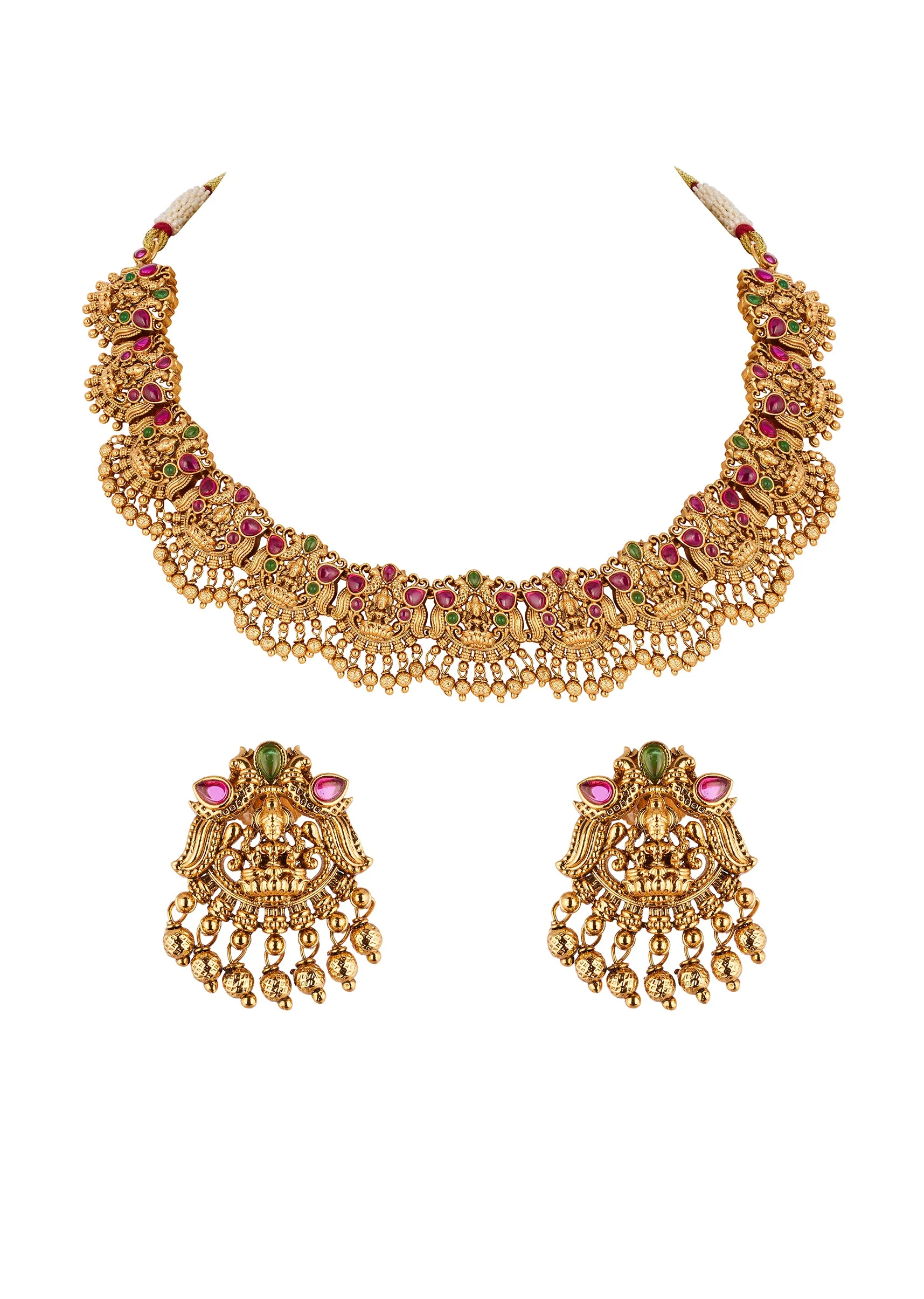 Gold Finish Necklace Set With Temple Style Motifs And Green and Pink Accented Stones