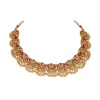 Gold Finish Necklace Set With Temple Style Motifs And Green and Pink Accented Stones