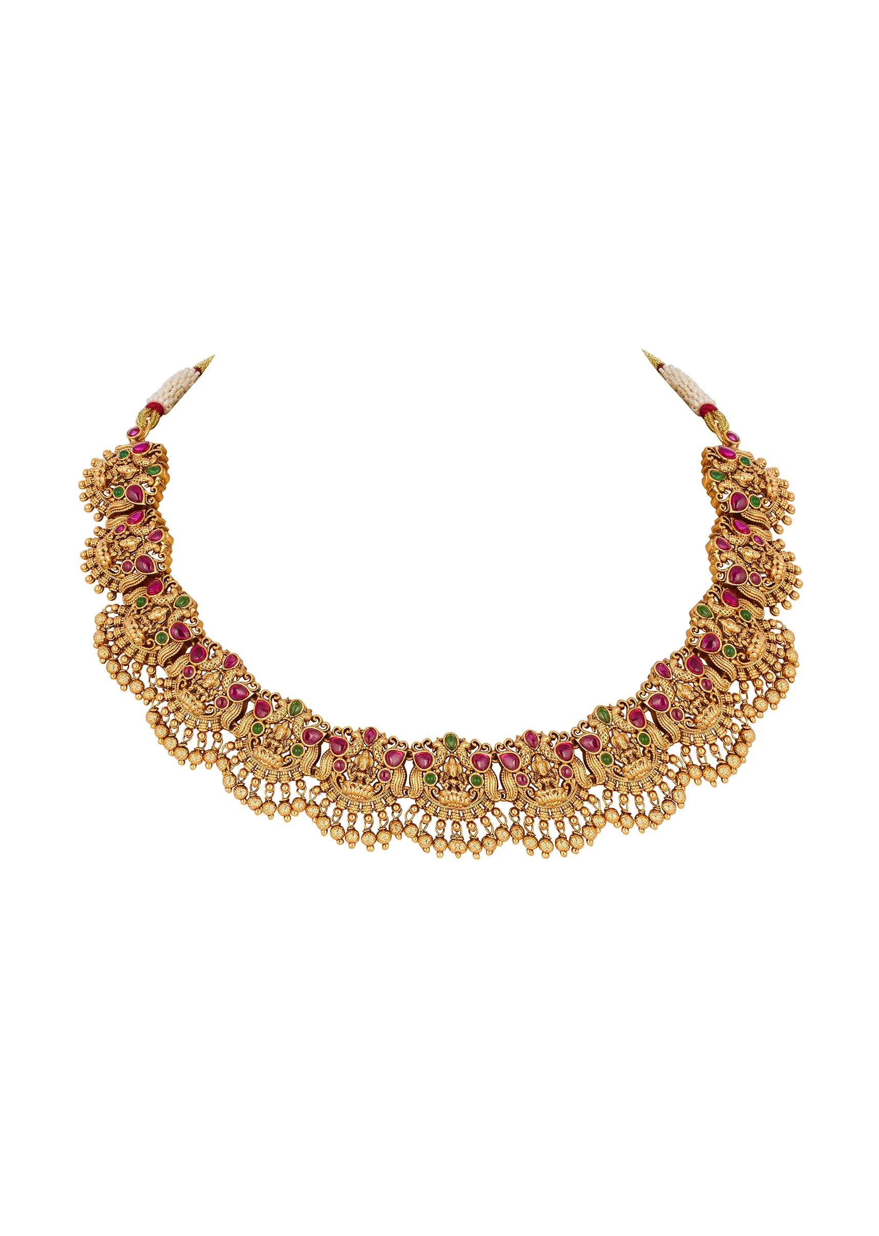 Gold Finish Necklace Set With Temple Style Motifs And Green and Pink Accented Stones