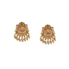 Gold Finish Necklace Set With Temple Style Motifs And Green and Pink Accented Stones