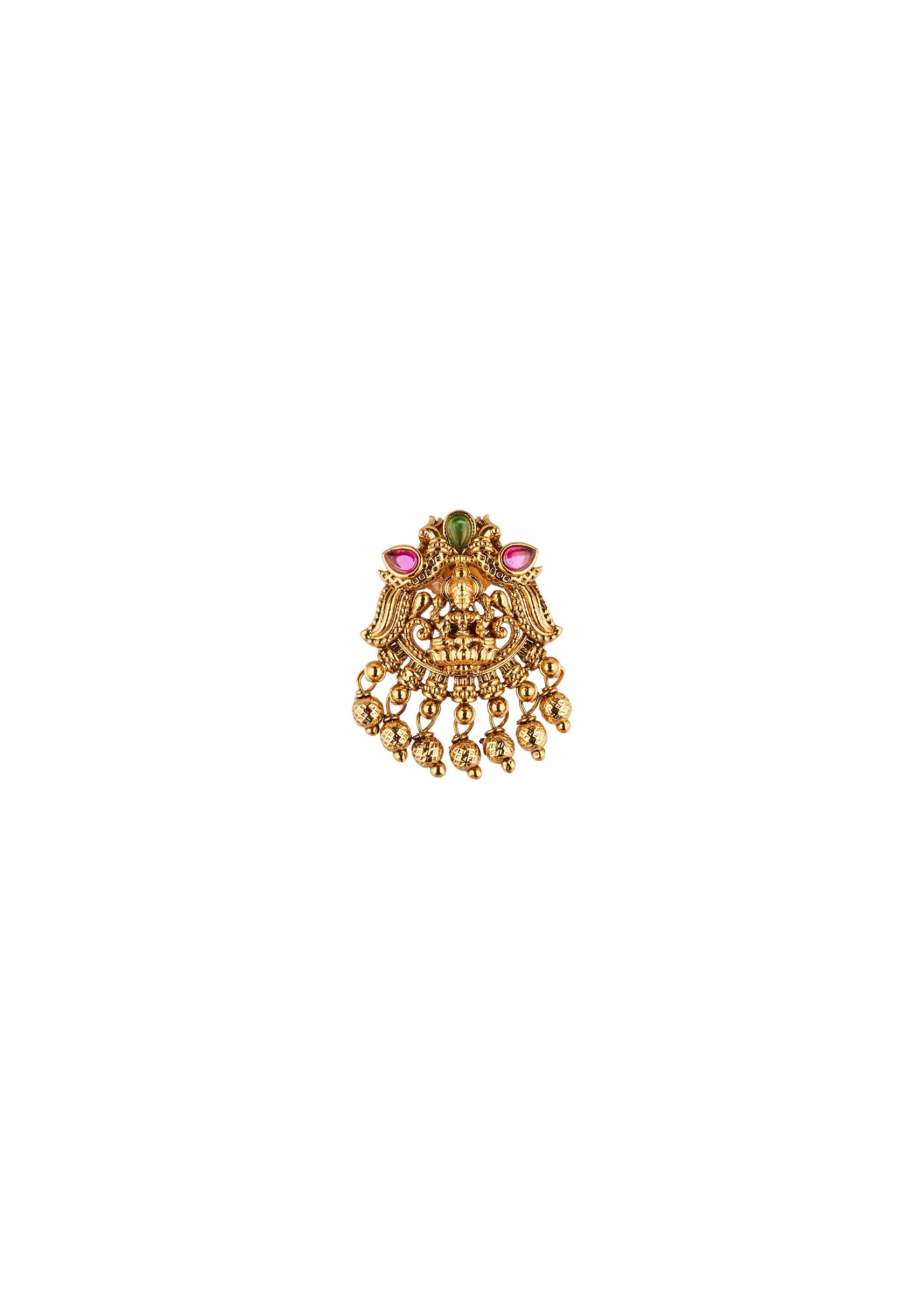 Gold Finish Necklace Set With Temple Style Motifs And Green and Pink Accented Stones