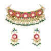Gold Finish Choker Necklace Set In Mix Metal With Traditional Kundan Style And Rani Pink And Green Simulated Stones And Faux Pearl Fringe