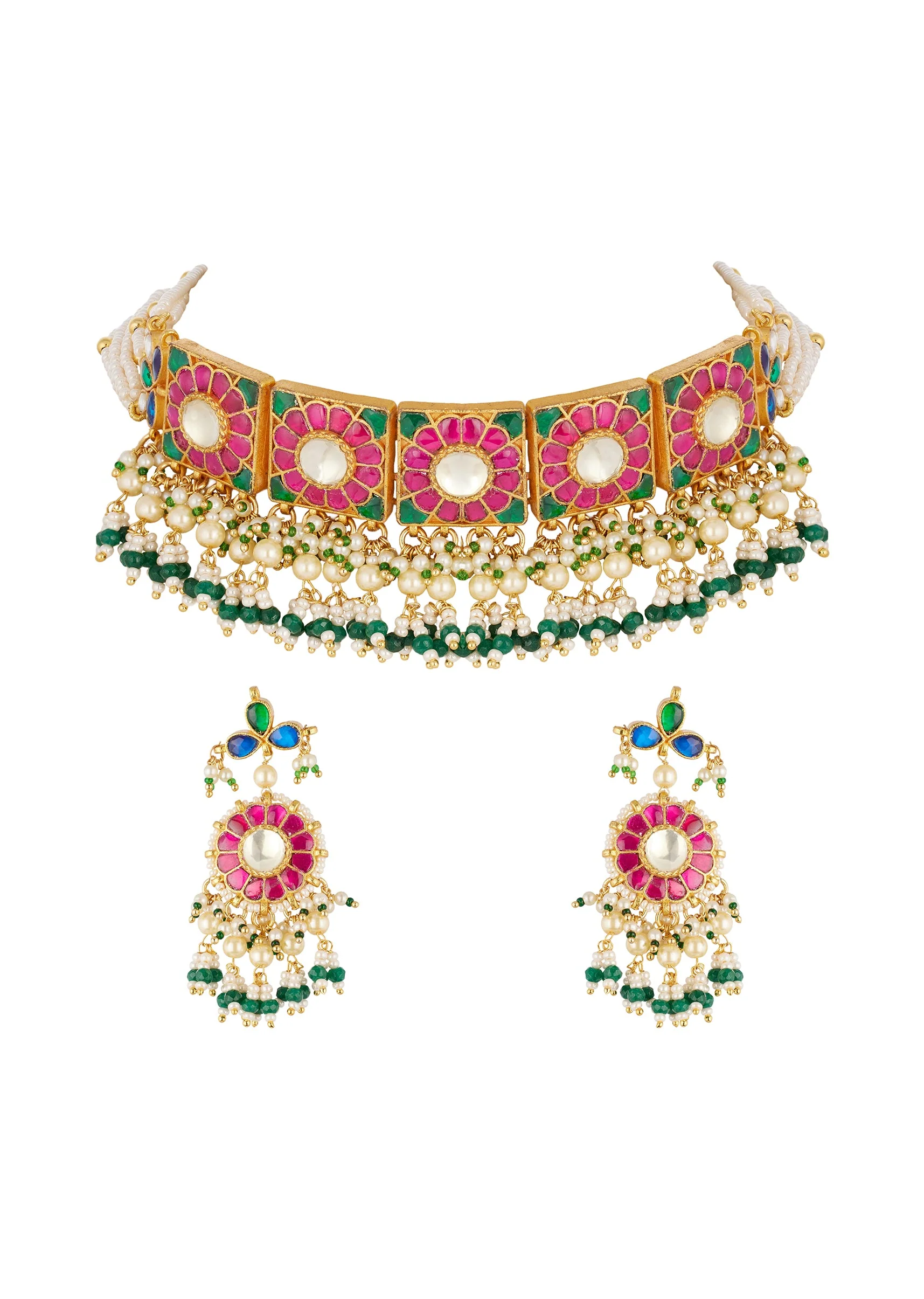 Gold Finish Choker Necklace Set In Mix Metal With Traditional Kundan Style And Rani Pink And Green Simulated Stones And Faux Pearl Fringe
