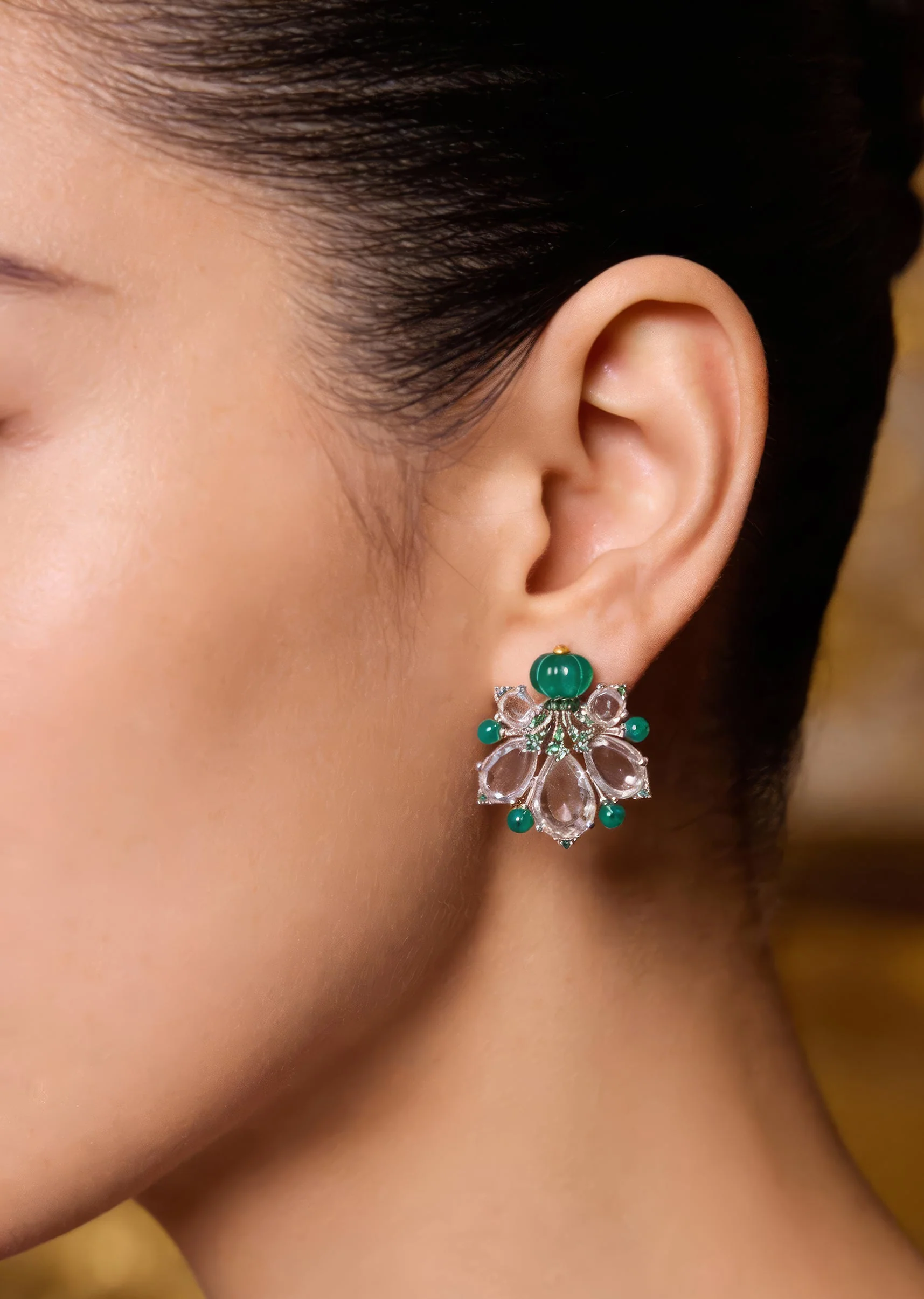 8453-silver-finish-whimsical-floral-stud-earrings-with-green-carved-stone-and-clear-pear-cut-simulated-stones-1.webp Silver Finish Whimsical Floral Stud Earrings With Green Carved Stone and Clear Pear Cut Simulated Stones