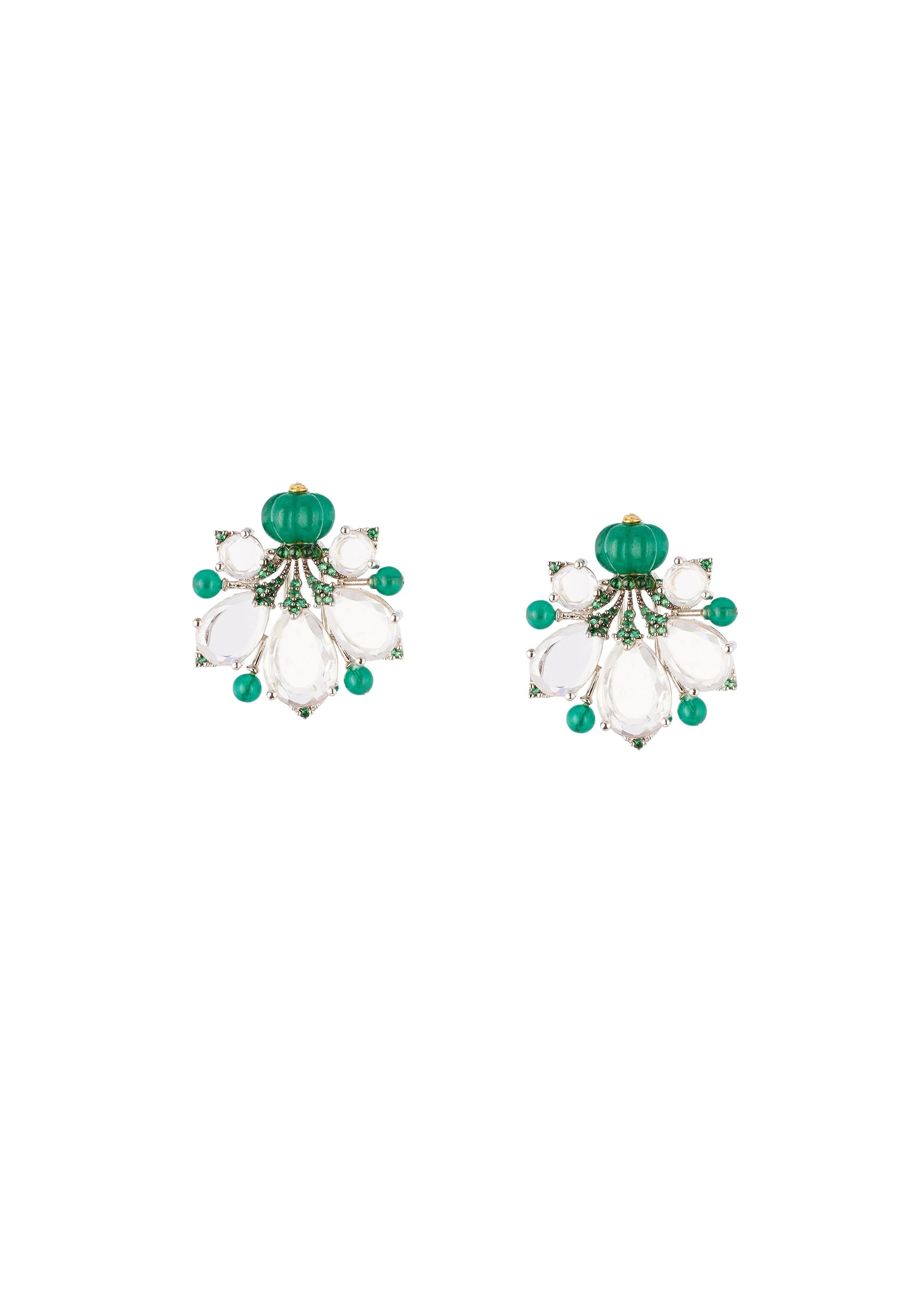 8453-silver-finish-whimsical-floral-stud-earrings-with-green-carved-stone-and-clear-pear-cut-simulated-stones-2.webp Silver Finish Whimsical Floral Stud Earrings With Green Carved Stone and Clear Pear Cut Simulated Stones