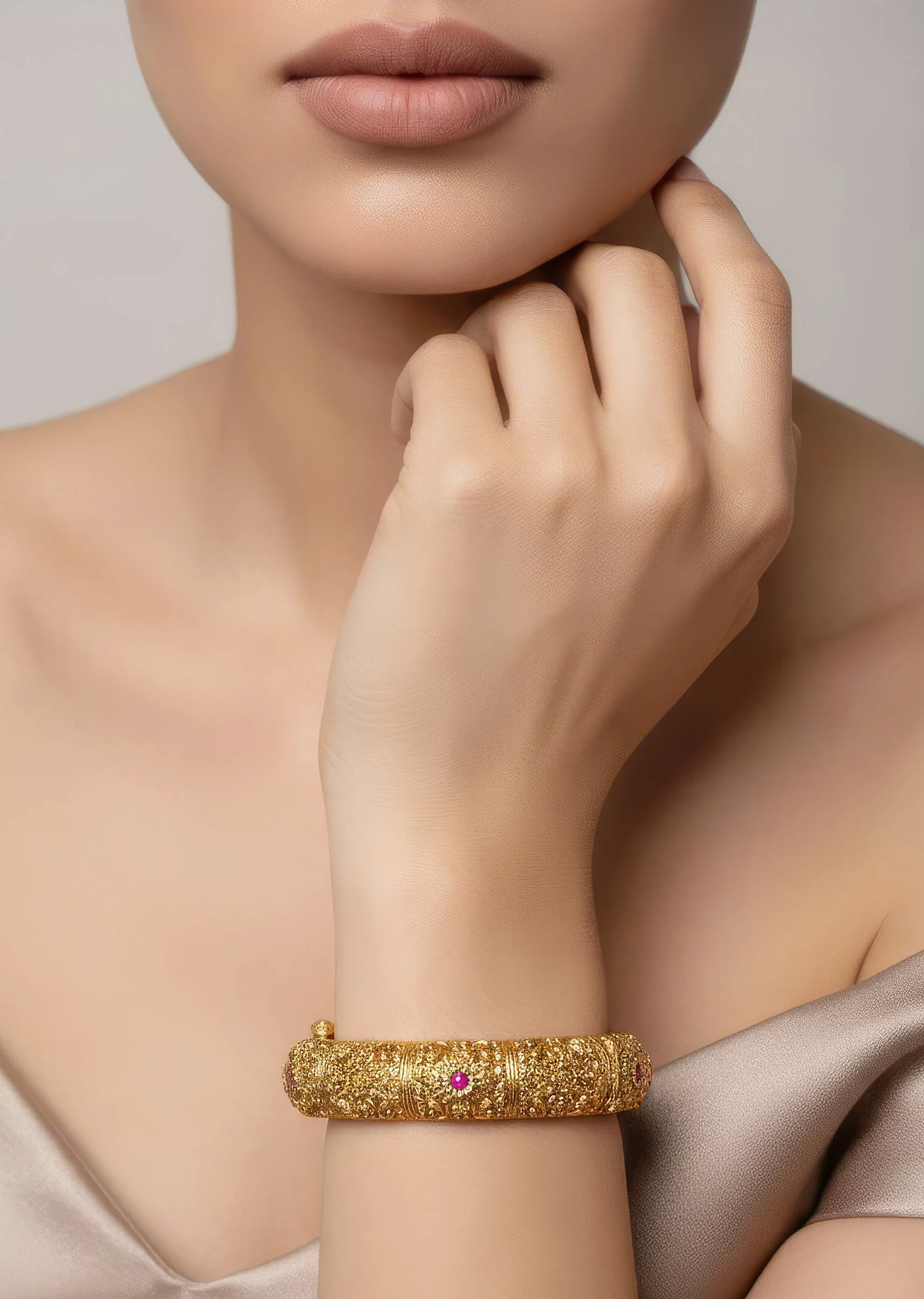 8454-gold-finish-temple-style-bangles-with-rani-pink-simulated-stones-and-zirconia-accents-1.webp Gold Finish Temple Style Bangles With Rani Pink Simulated Stones And Zirconia Accents