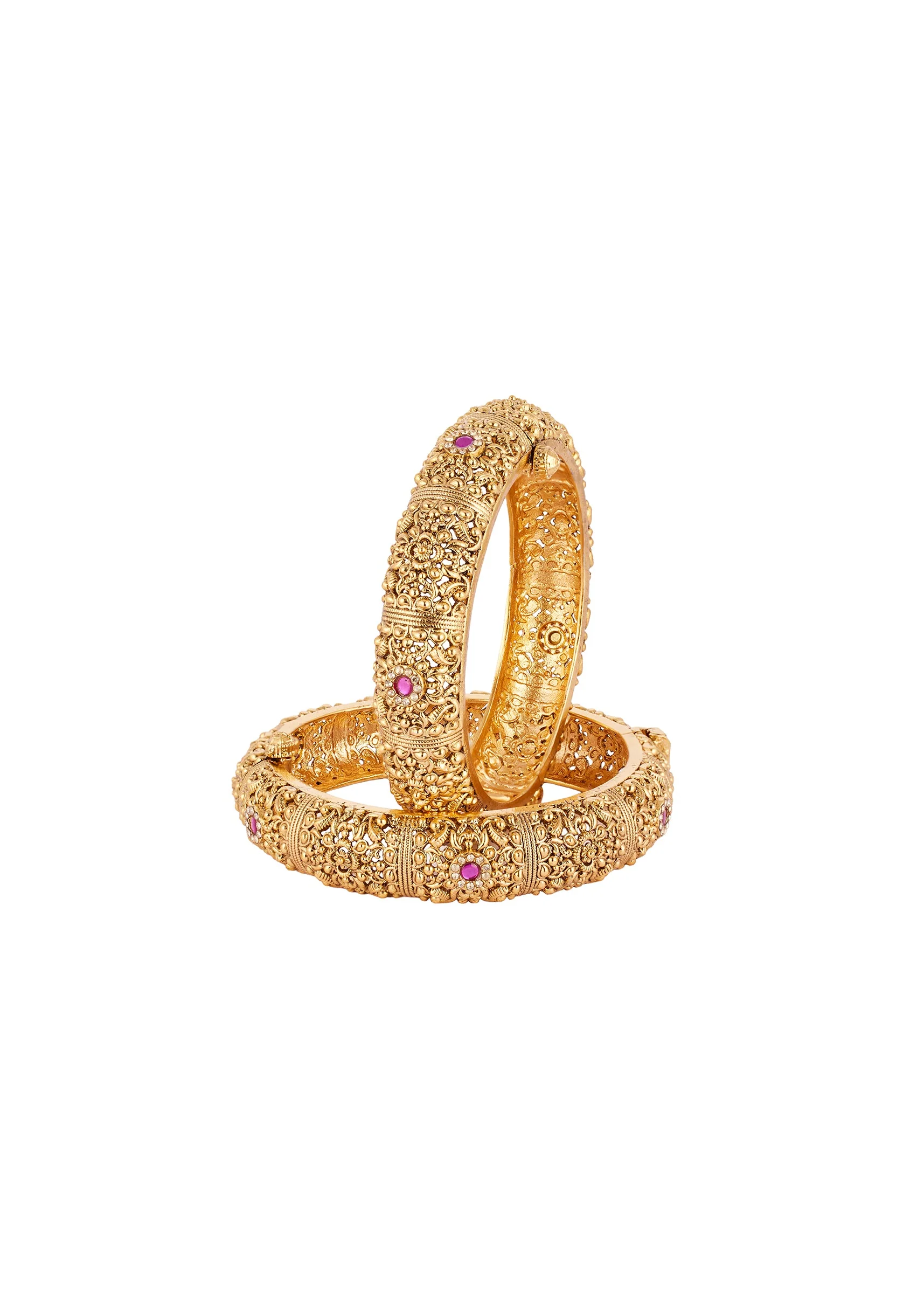 8454-gold-finish-temple-style-bangles-with-rani-pink-simulated-stones-and-zirconia-accents-2.webp Gold Finish Temple Style Bangles With Rani Pink Simulated Stones And Zirconia Accents