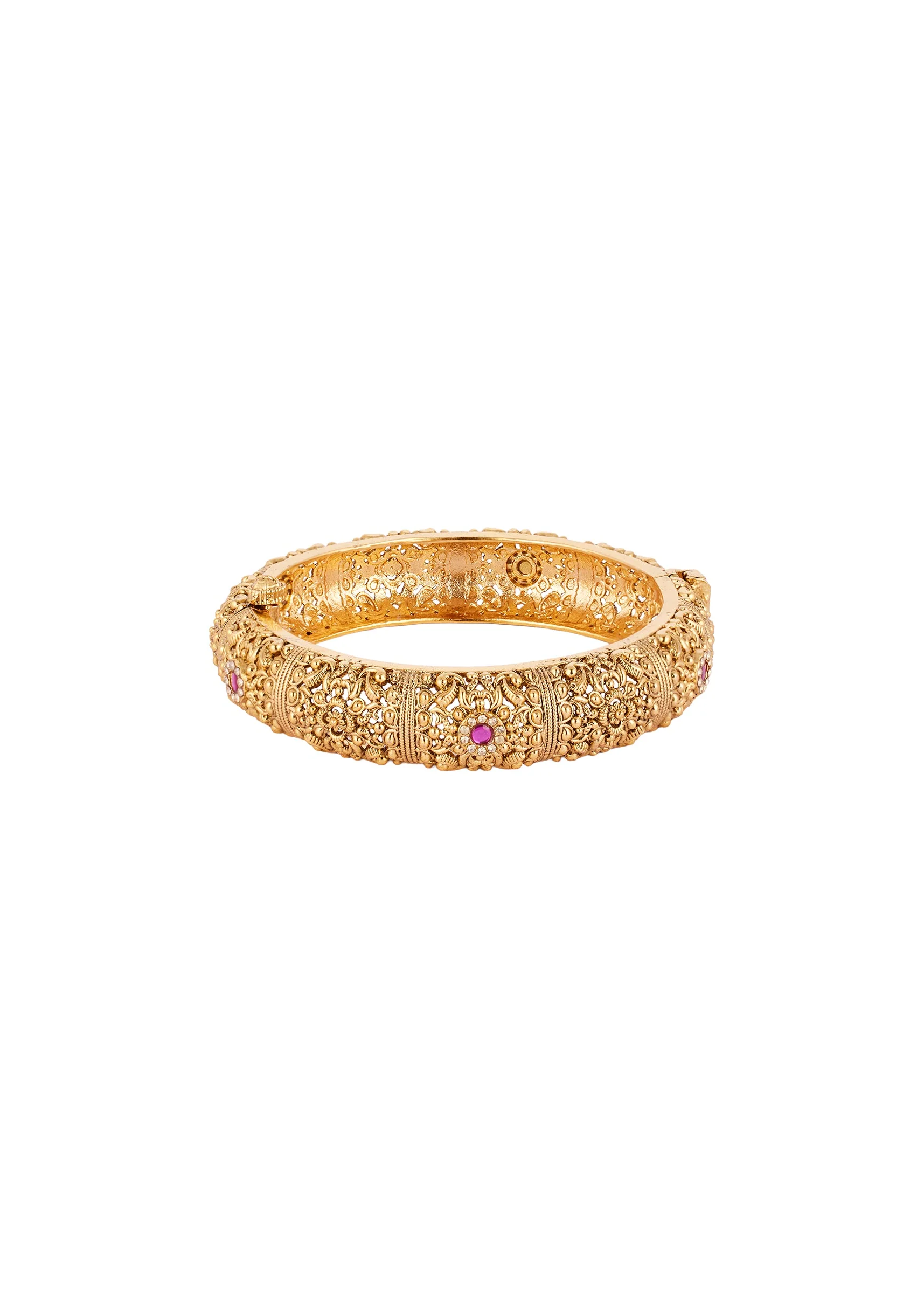 8454-gold-finish-temple-style-bangles-with-rani-pink-simulated-stones-and-zirconia-accents-3.webp Gold Finish Temple Style Bangles With Rani Pink Simulated Stones And Zirconia Accents