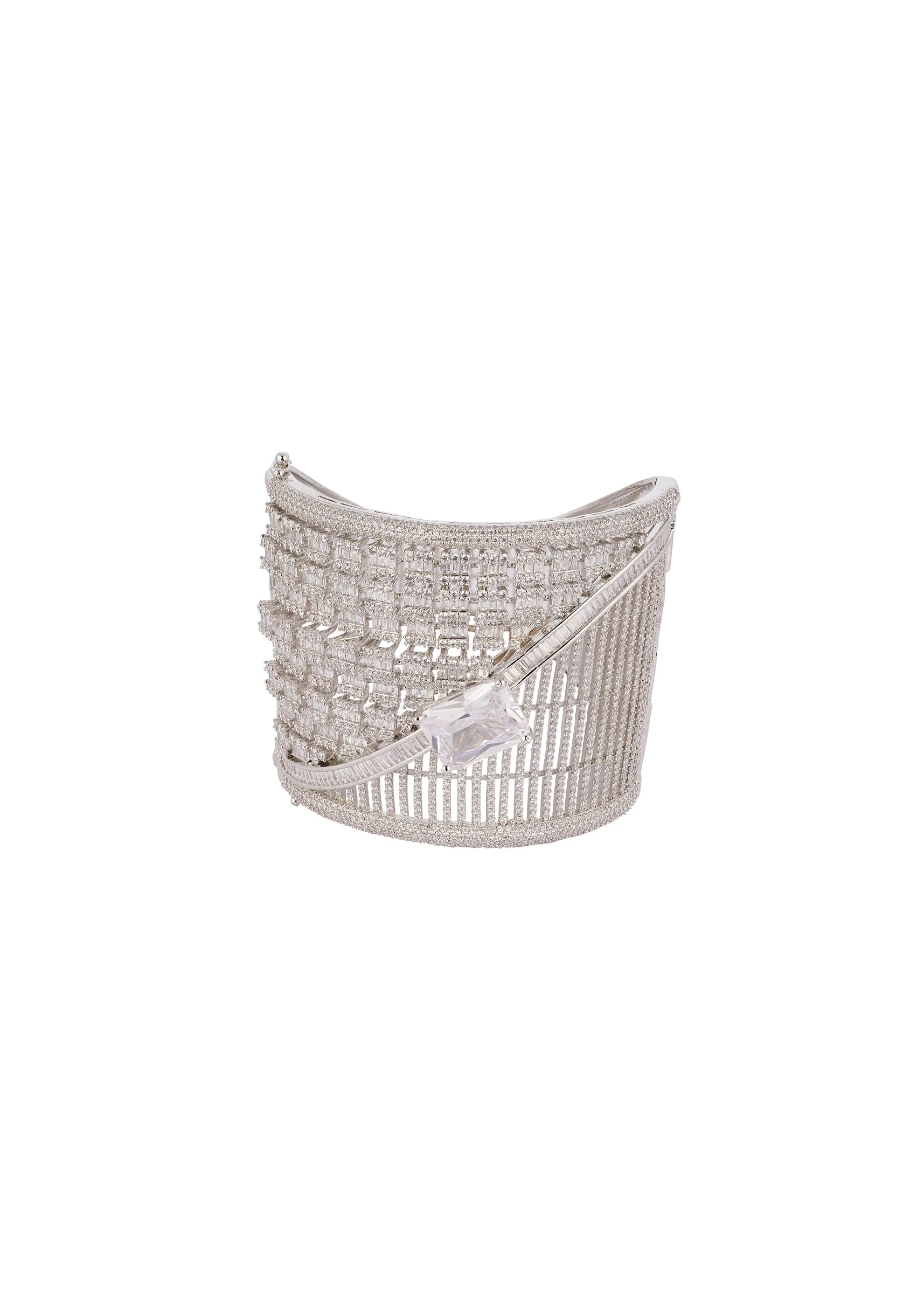 Silver Finish Bracelet In Mix Metal With Modern Grand Statement Style And White Cubic Zirconia Accents