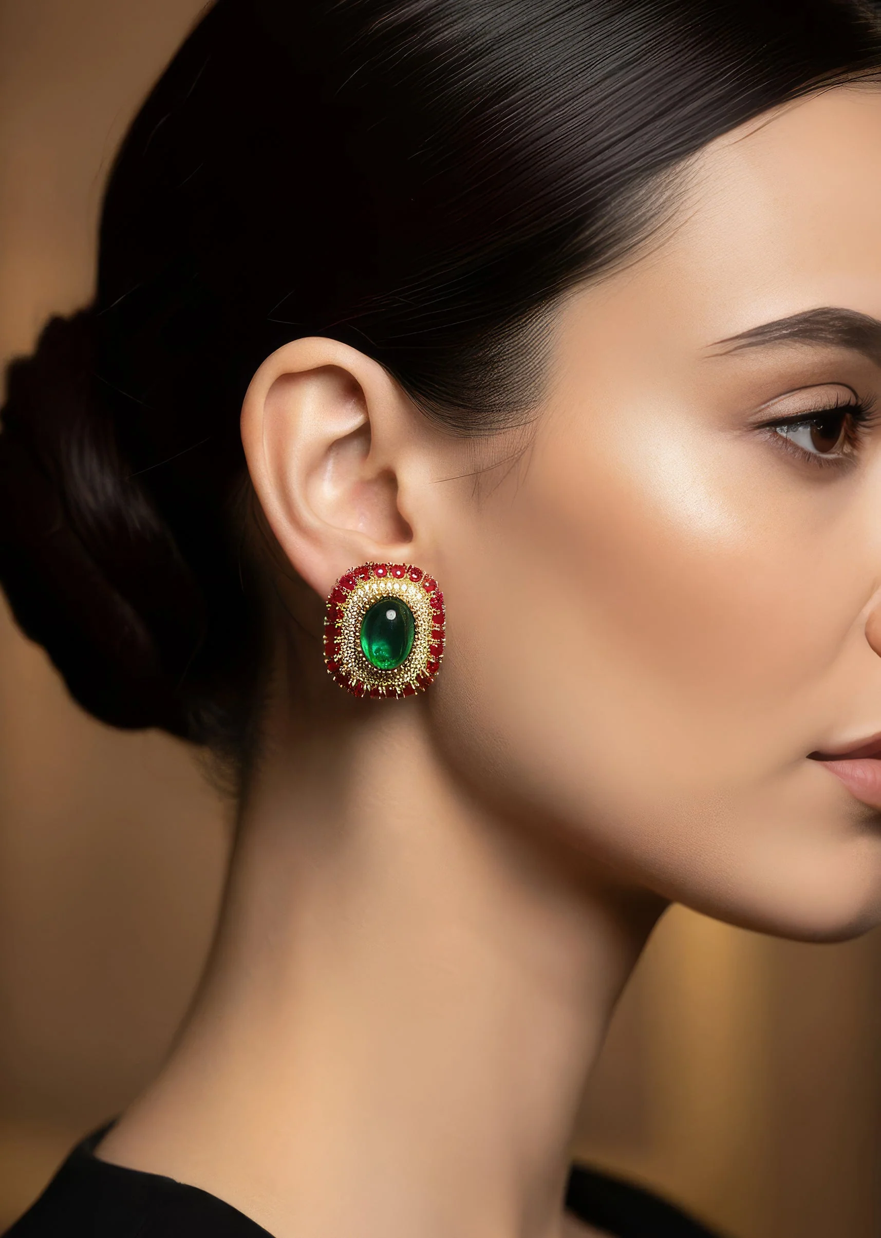 8456-gold-finish-oval-stud-earrings-with-large-green-center-stone-and-red-cabochon-stone-border-1.webp Gold Finish Oval Stud Earrings With Large Green Center Stone and Red Cabochon Stone Border