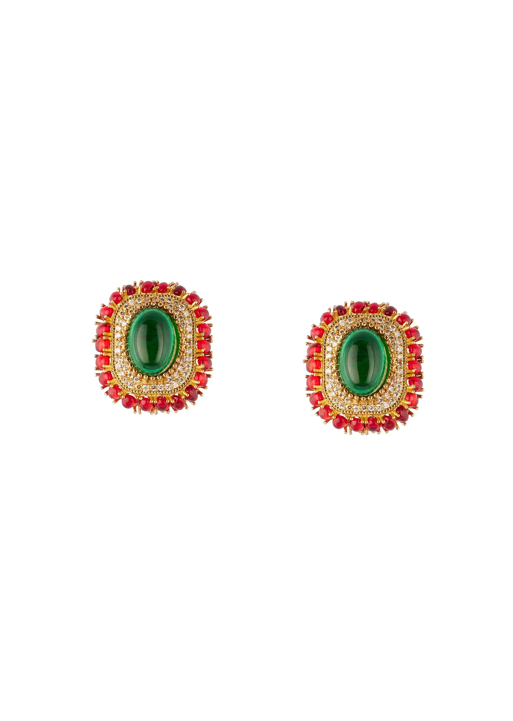 8456-gold-finish-oval-stud-earrings-with-large-green-center-stone-and-red-cabochon-stone-border-2.webp Gold Finish Oval Stud Earrings With Large Green Center Stone and Red Cabochon Stone Border