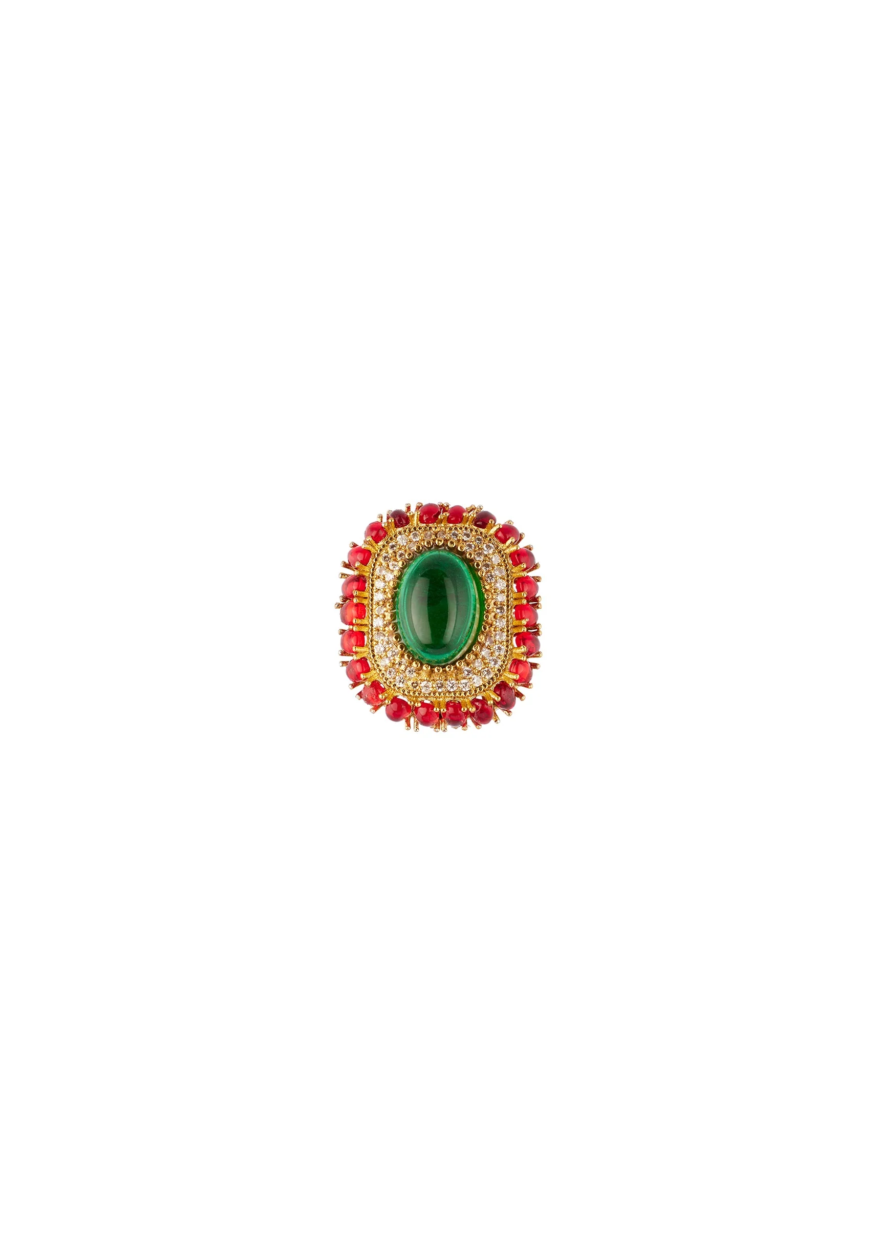 8456-gold-finish-oval-stud-earrings-with-large-green-center-stone-and-red-cabochon-stone-border-3.webp Gold Finish Oval Stud Earrings With Large Green Center Stone and Red Cabochon Stone Border
