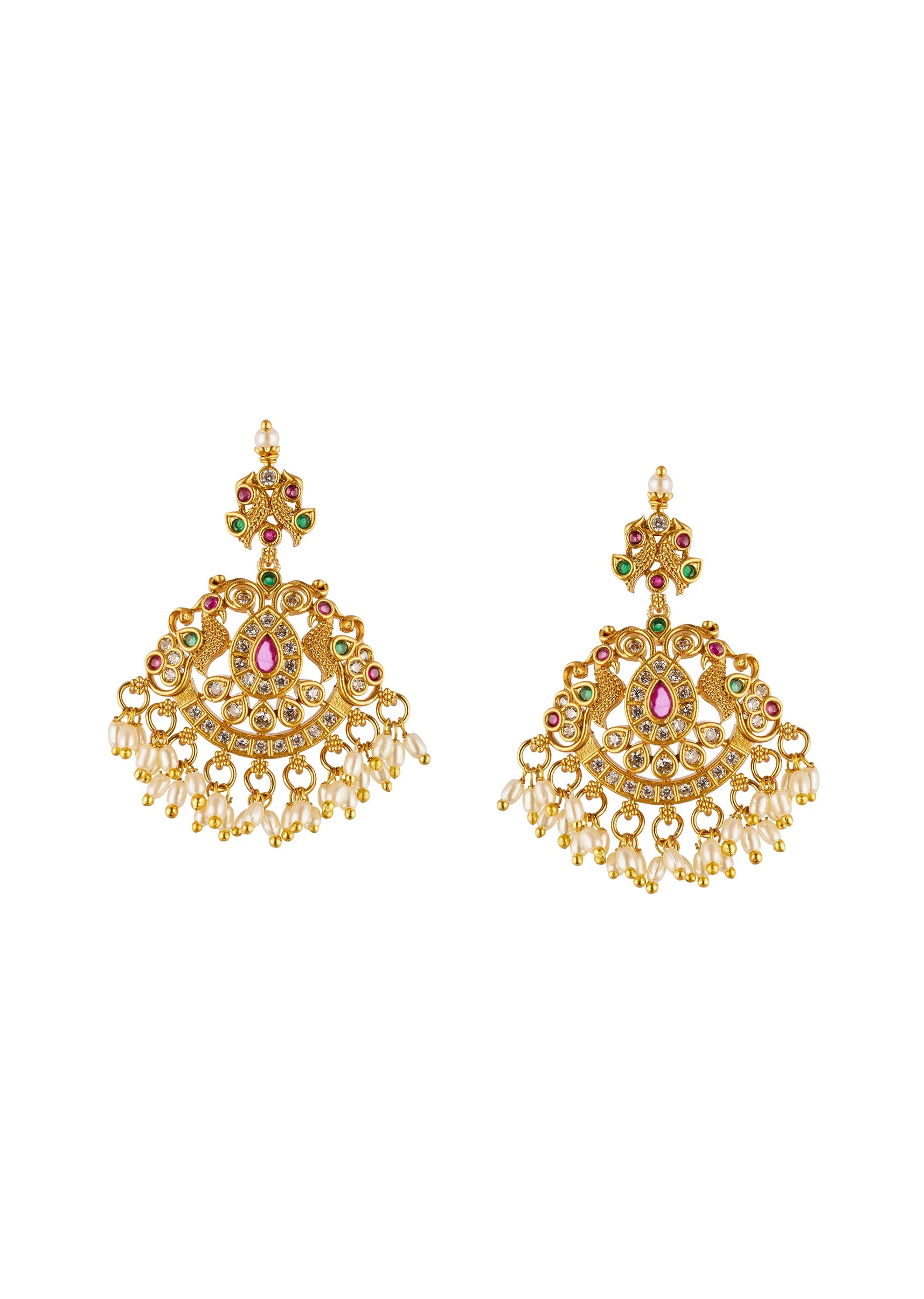 Gold Toned Jewellery Piece With Temple Style Motifs And Off White Pink Purple and Green Simulated Stones
