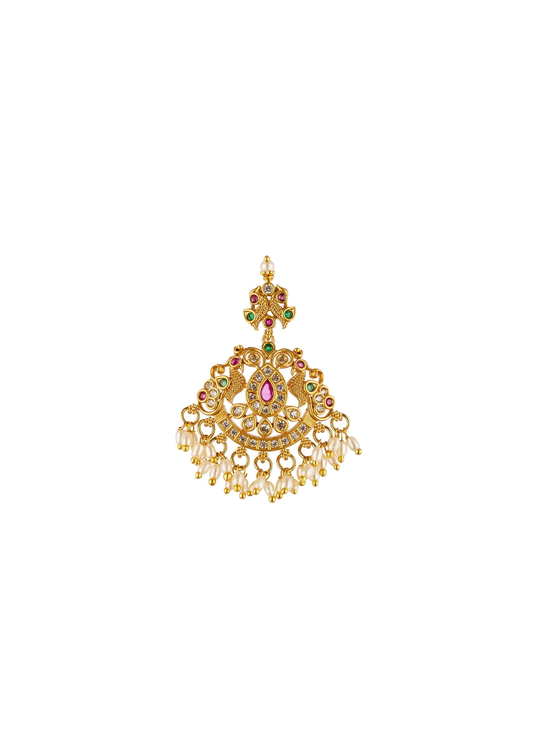 Gold Toned Jewellery Piece With Temple Style Motifs And Off White Pink Purple and Green Simulated Stones