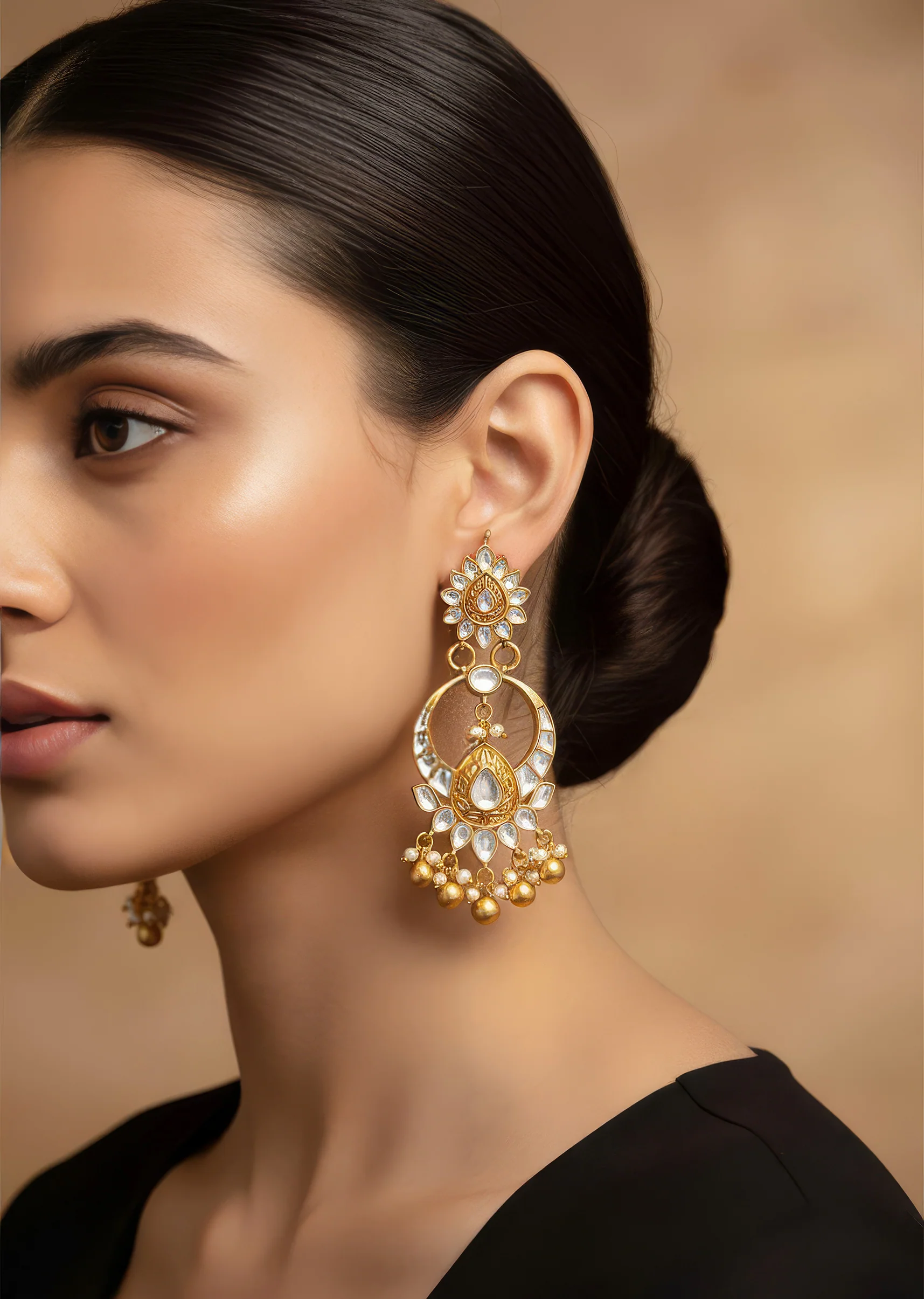 8458-gold-finish-earrings-in-chandbali-style-with-kundan-and-stone-and-pearl-detailing-1.webp Gold Finish Earrings In Chandbali Style With Kundan And Stone And Pearl Detailing
