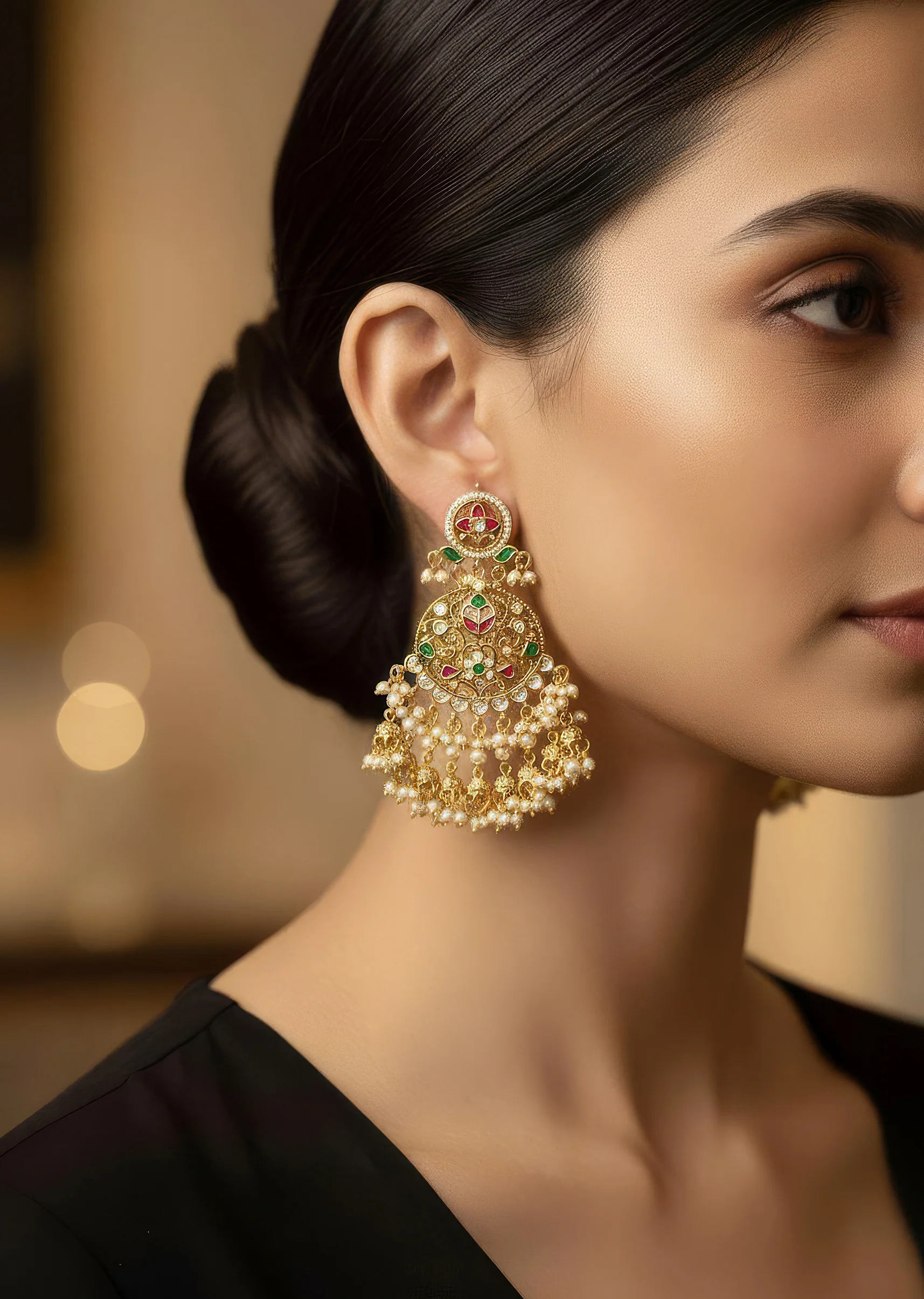 8459-gold-toned-earrings-in-drop-style-with-kundan-and-multi-stone-and-pearl-detailing-1.webp Gold Toned Earrings In Drop Style With Kundan And Multi Stone And Pearl Detailing