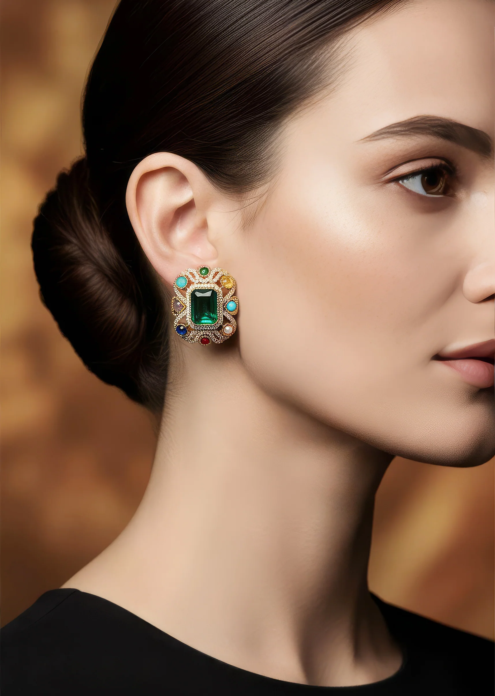 8462-gold-finish-rectangular-statement-earrings-with-faceted-green-stone-white-cz-halo-and-navratna-dome-cut-border-1.webp Gold Finish Rectangular Statement Earrings With Faceted Green Stone White Cz Halo And Navratna Dome Cut Border