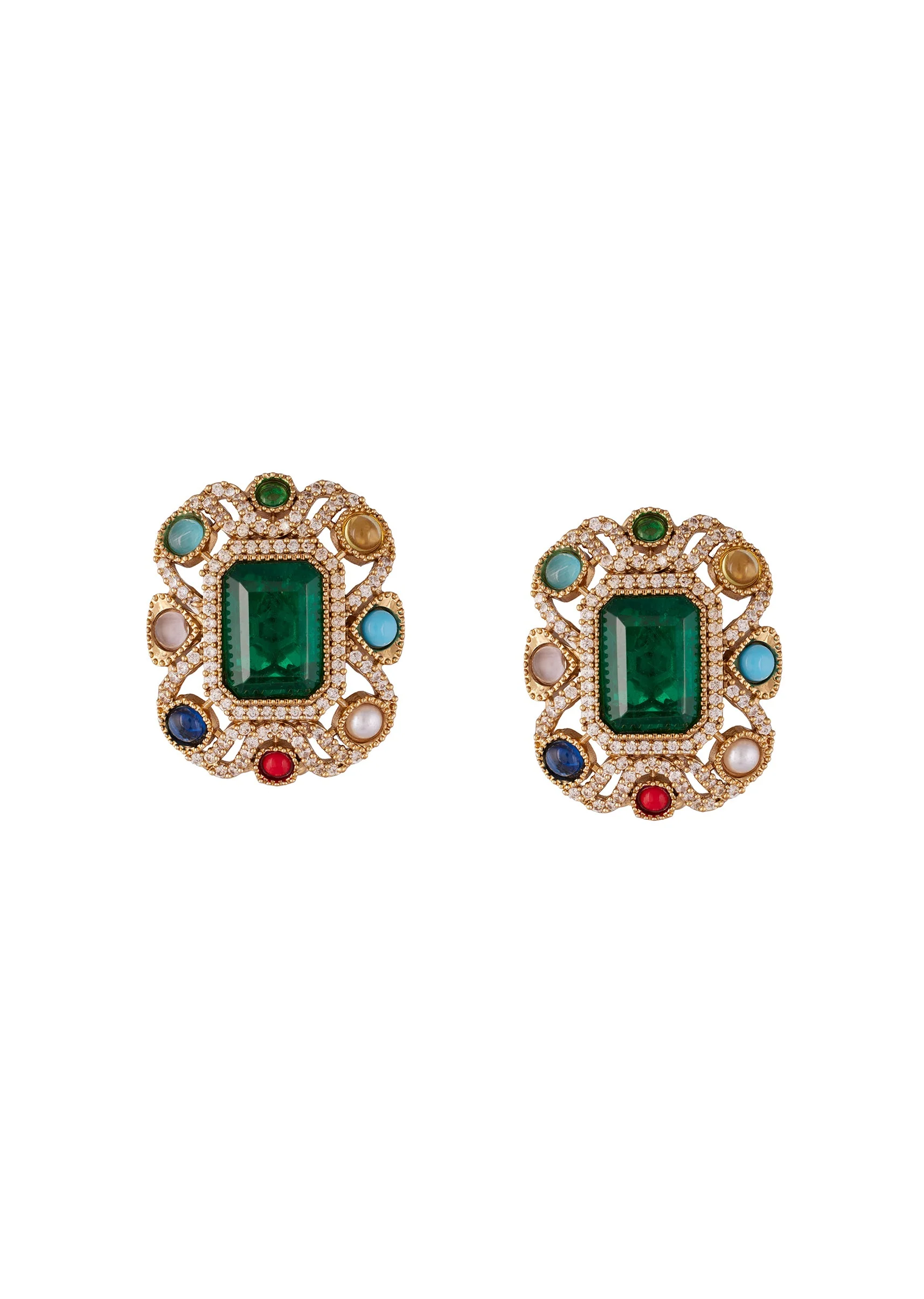 8462-gold-finish-rectangular-statement-earrings-with-faceted-green-stone-white-cz-halo-and-navratna-dome-cut-border-2.webp Gold Finish Rectangular Statement Earrings With Faceted Green Stone White Cz Halo And Navratna Dome Cut Border