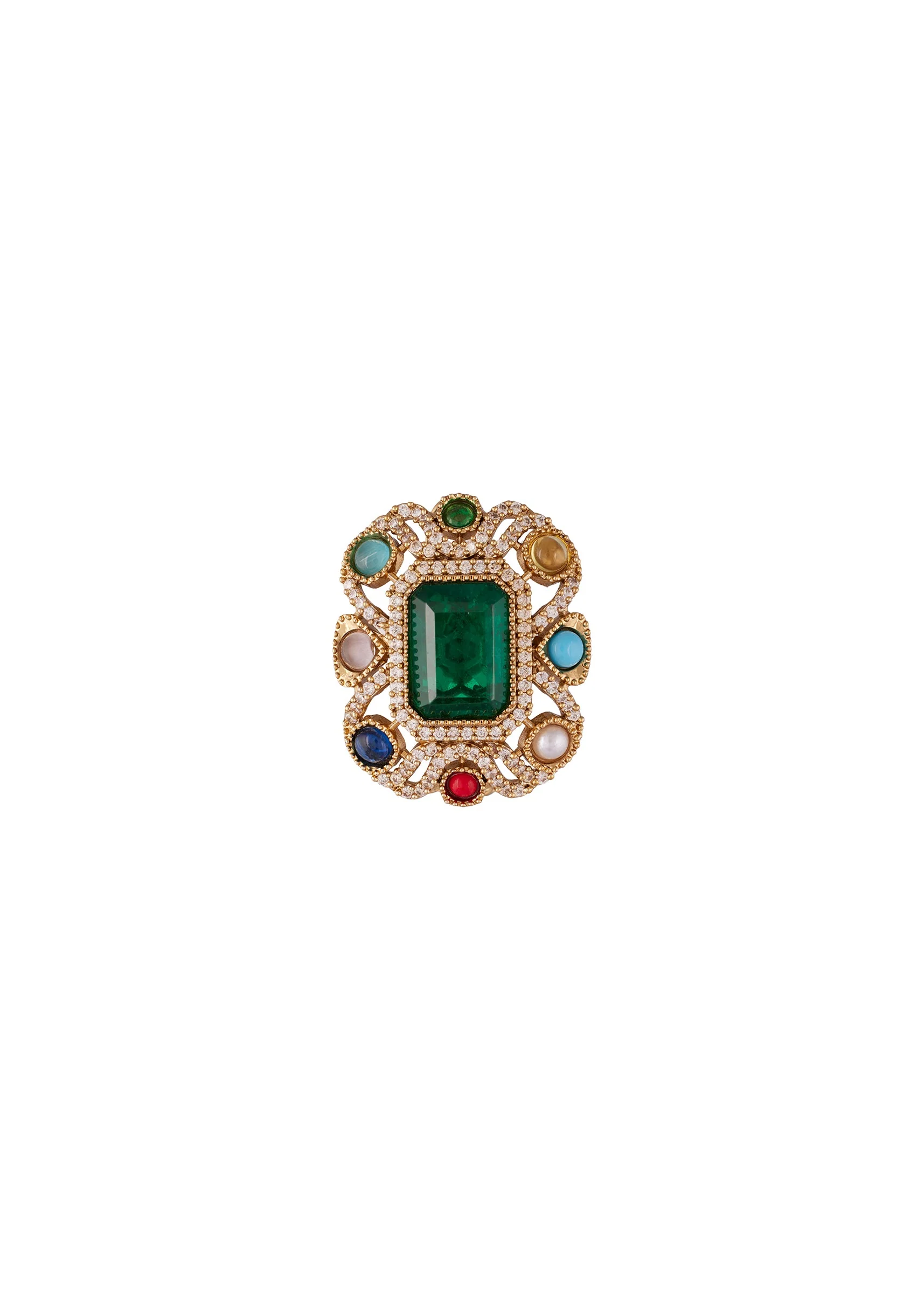 8462-gold-finish-rectangular-statement-earrings-with-faceted-green-stone-white-cz-halo-and-navratna-dome-cut-border-3.webp Gold Finish Rectangular Statement Earrings With Faceted Green Stone White Cz Halo And Navratna Dome Cut Border