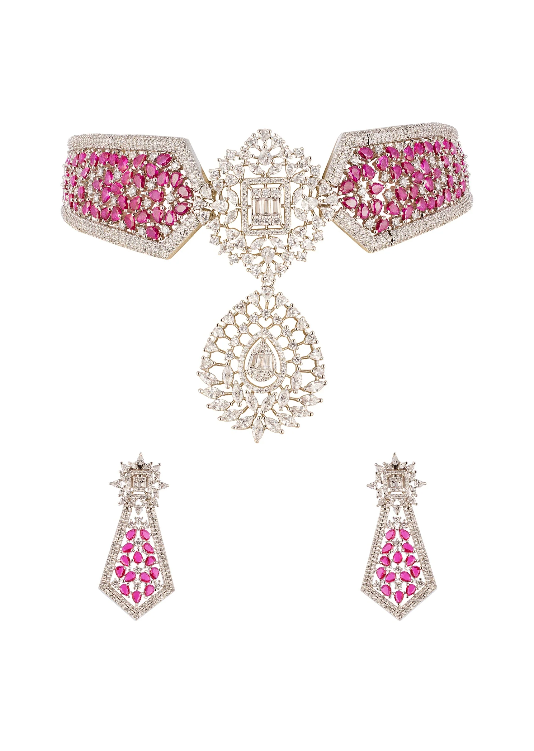 8463-rani-pink-anti-tarnish-finish-rhodium-plated-long-necklace-set-in-brass-with-cz-diamonds-1.webp Rani Pink Anti Tarnish Finish Rhodium Plated Long Necklace Set In Brass with CZ Diamonds