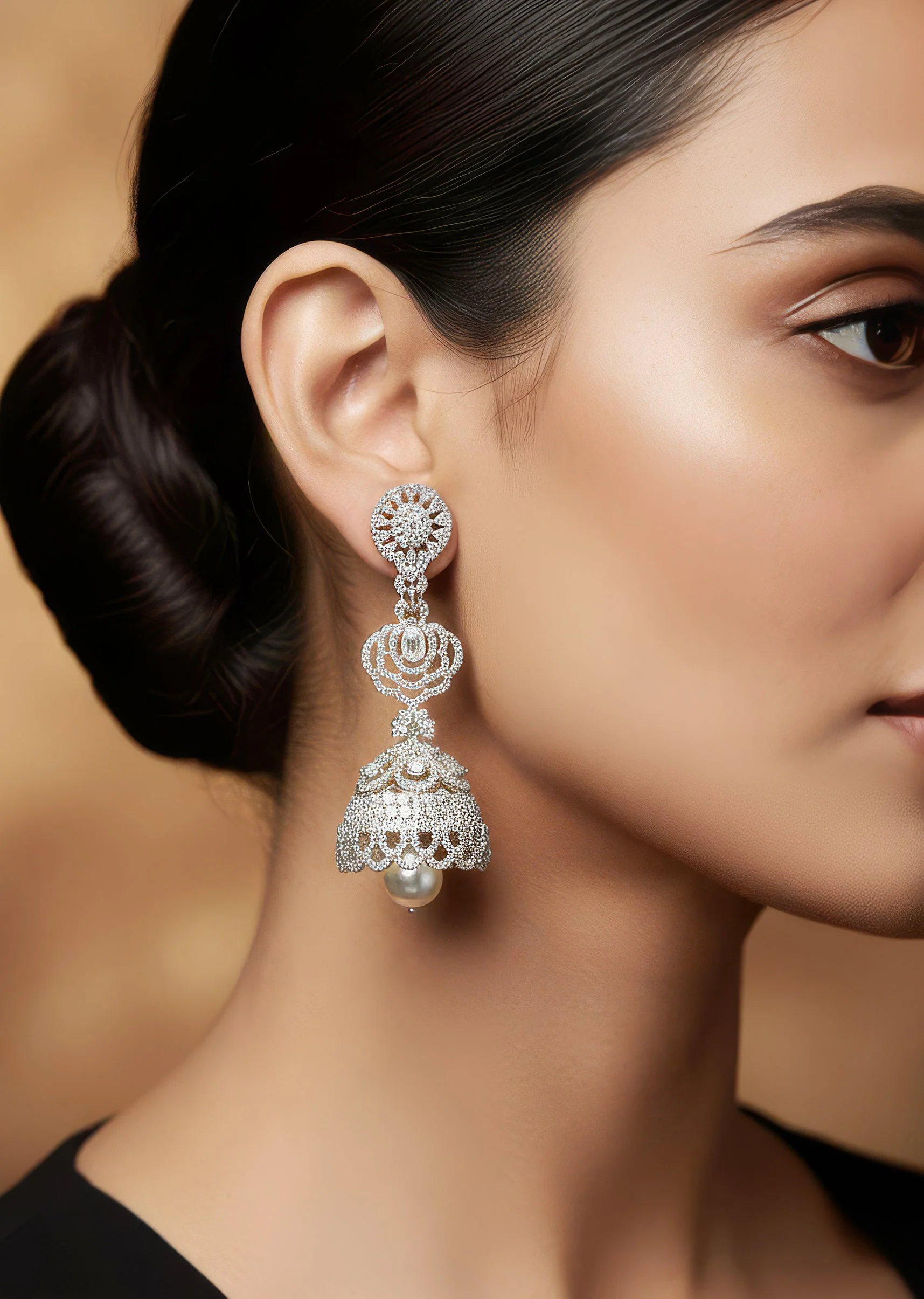 8464-silver-finish-earrings-in-mix-metal-with-jhumka-style-cubic-zirconia-and-faux-pearl-drop-1.webp Silver Finish Earrings In Mix Metal With Jhumka Style Cubic Zirconia And Faux Pearl Drop