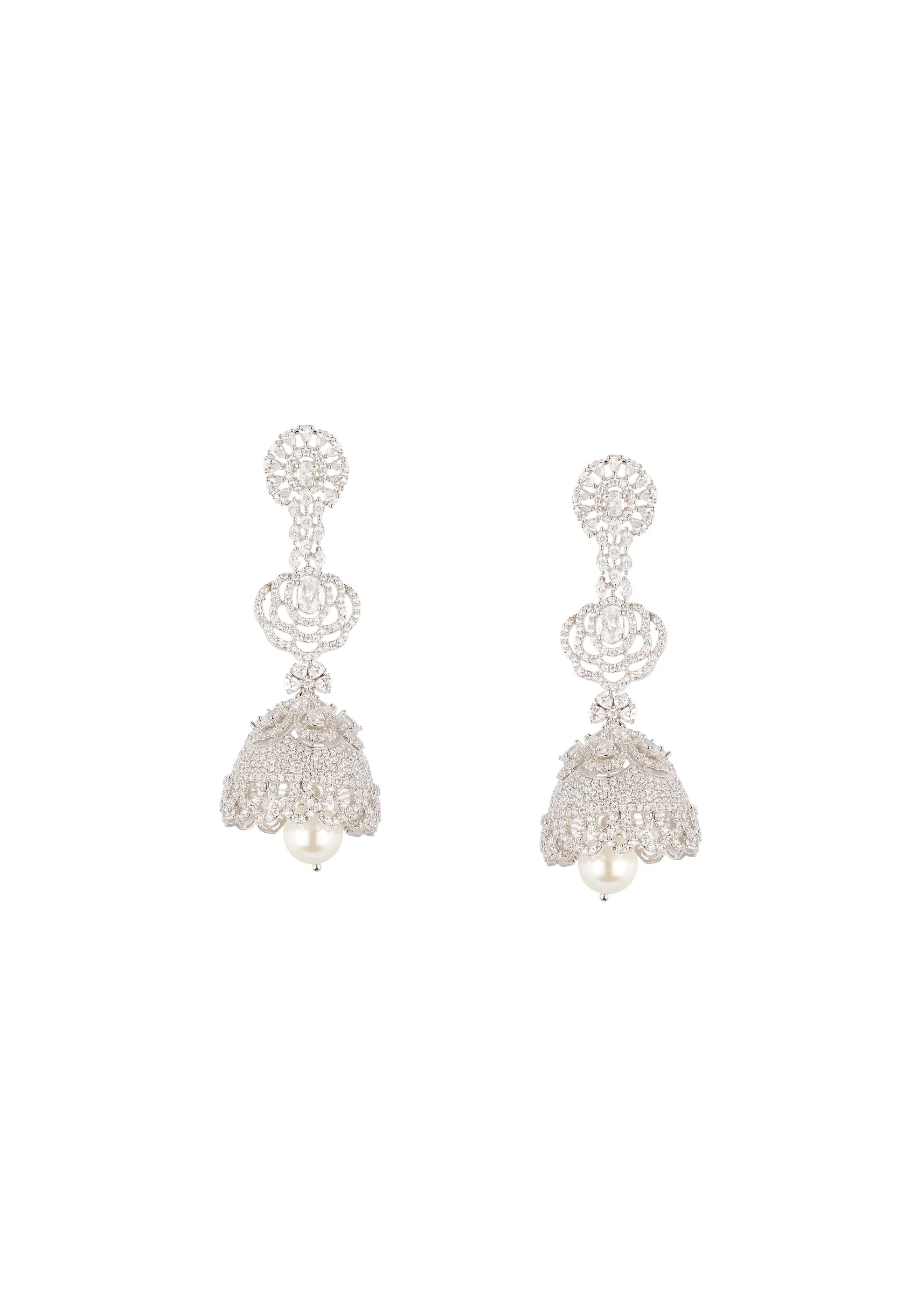 8464-silver-finish-earrings-in-mix-metal-with-jhumka-style-cubic-zirconia-and-faux-pearl-drop-2.webp Silver Finish Earrings In Mix Metal With Jhumka Style Cubic Zirconia And Faux Pearl Drop